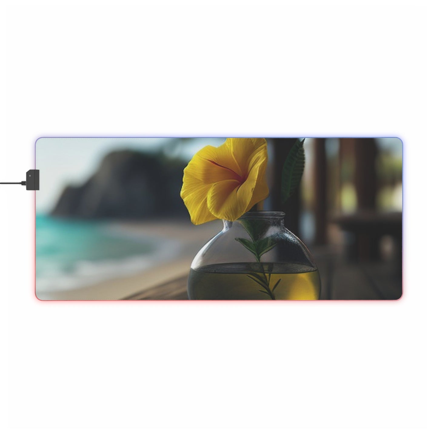 LED Gaming Mouse Pad Yellow Hibiscus Wood 3