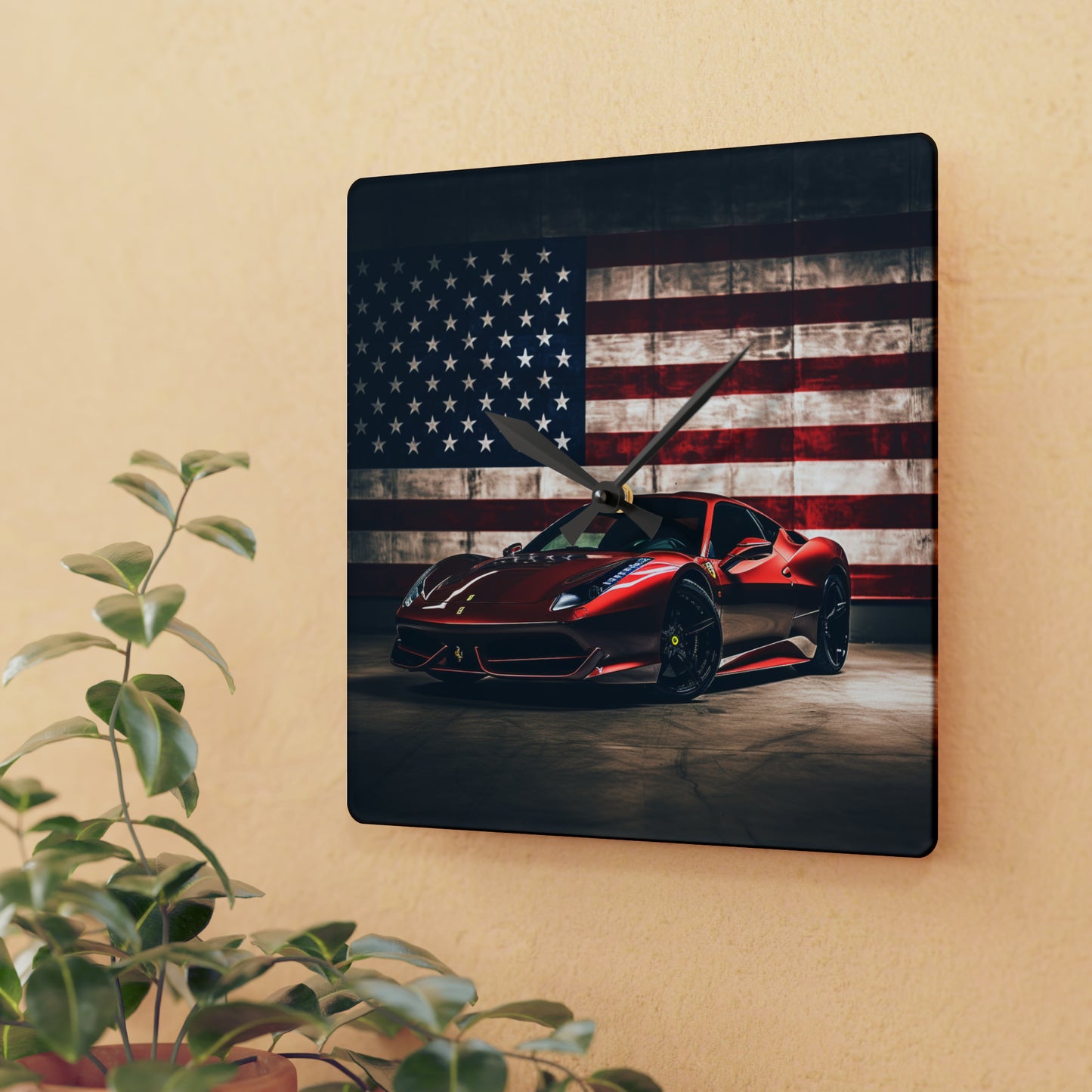 Acrylic Wall Clock American Flag Background Ferrari 4