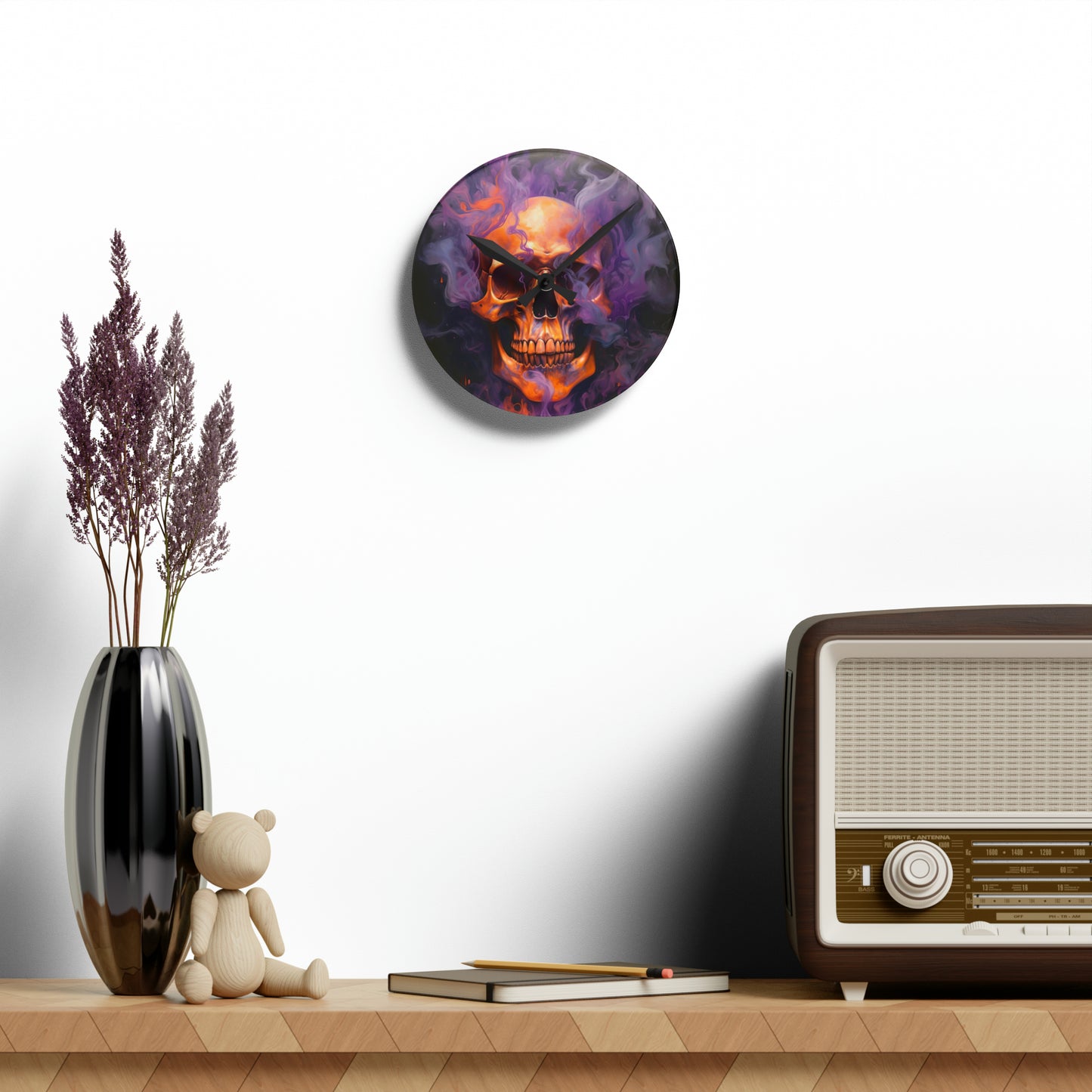 Acrylic Wall Clock Skull Flames 4