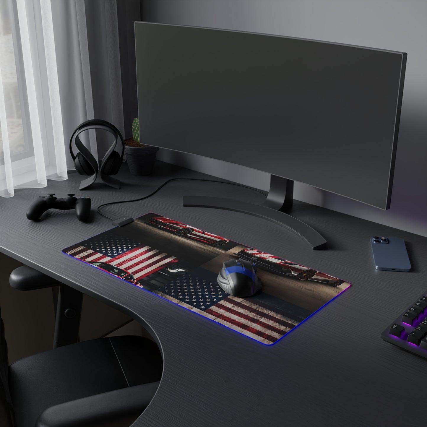 LED Gaming Mouse Pad American Flag Background Ferrari 5