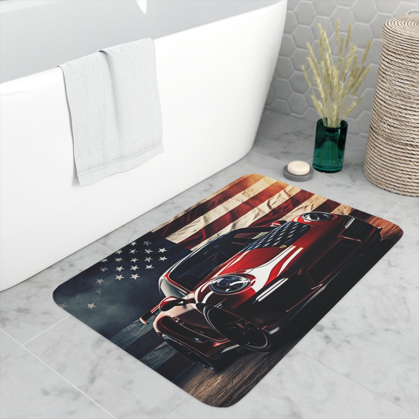 Memory Foam Bath Mat American Flag Background Porsche 2