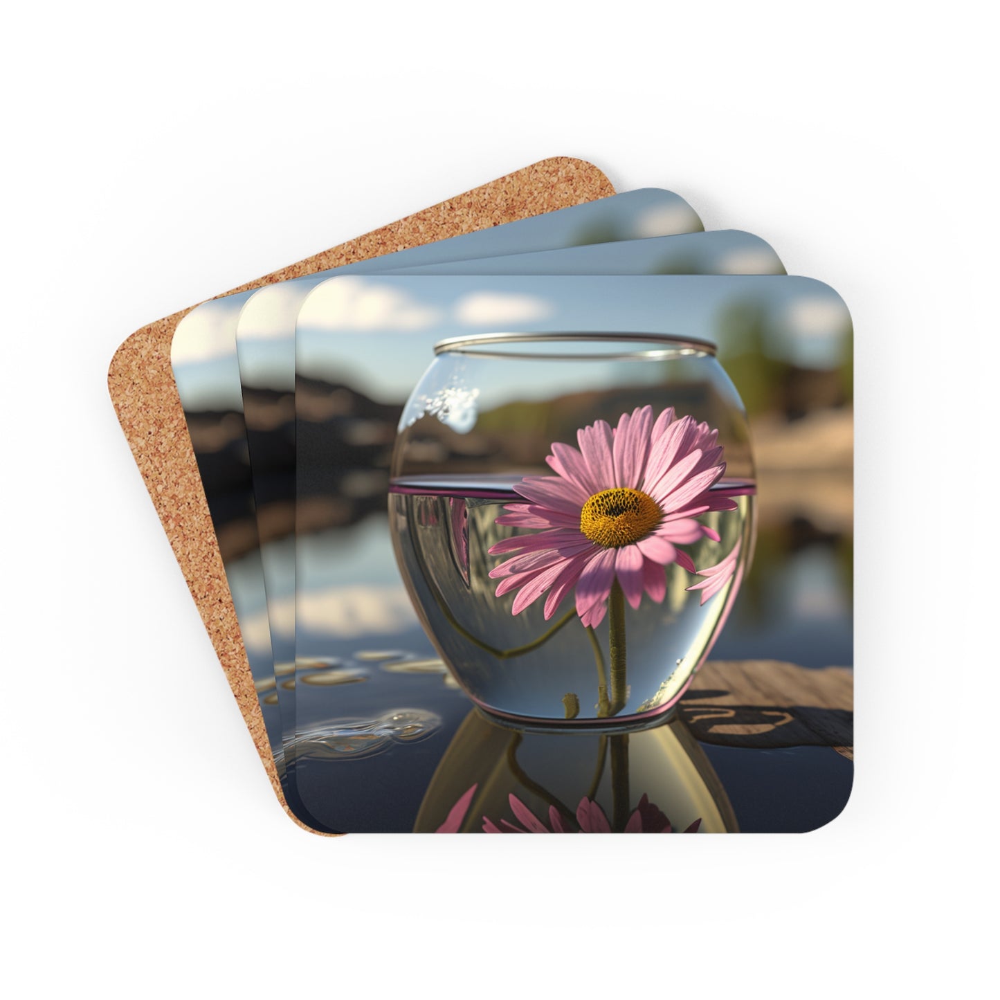 Corkwood Coaster Set Daisy in a vase 1