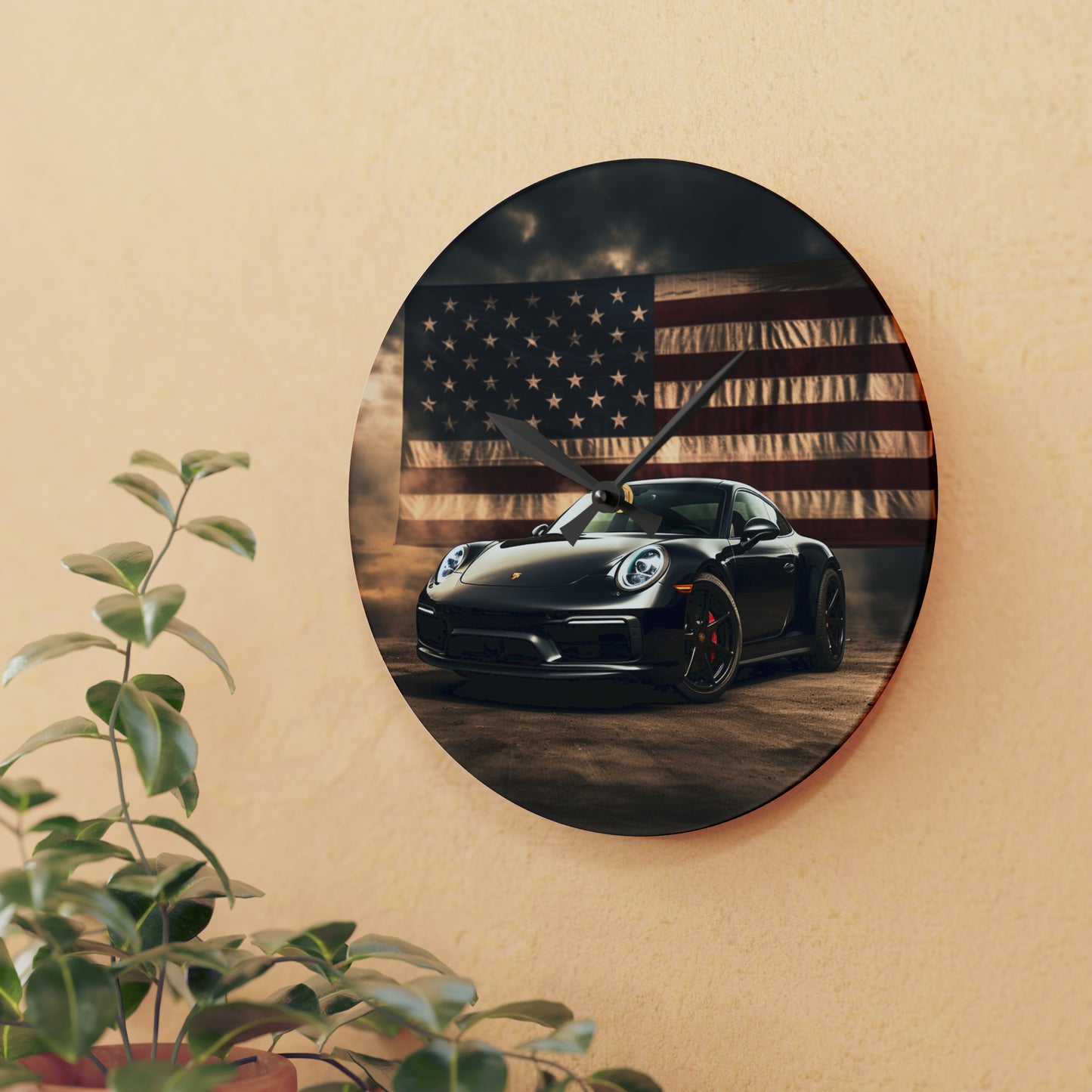 Acrylic Wall Clock American Flag Background Porsche 4