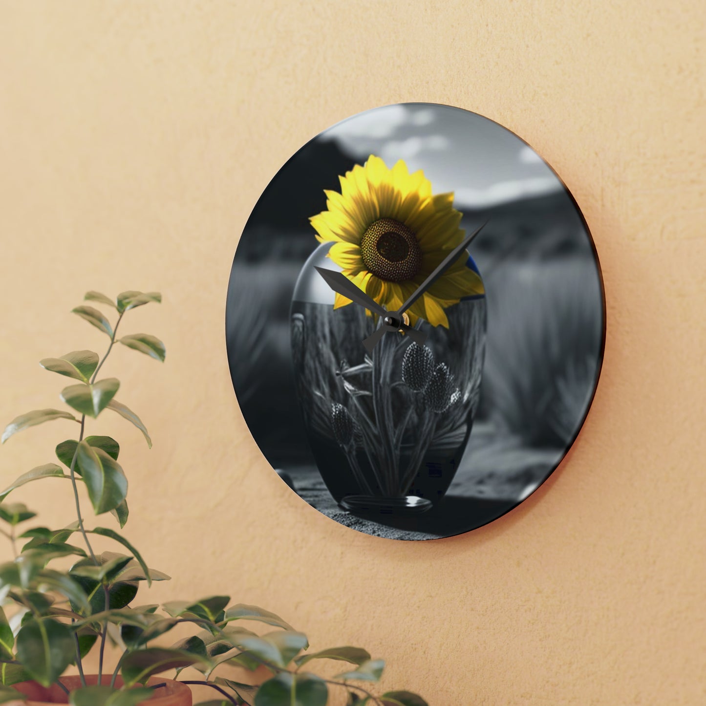 Acrylic Wall Clock Yellw Sunflower in a vase 3