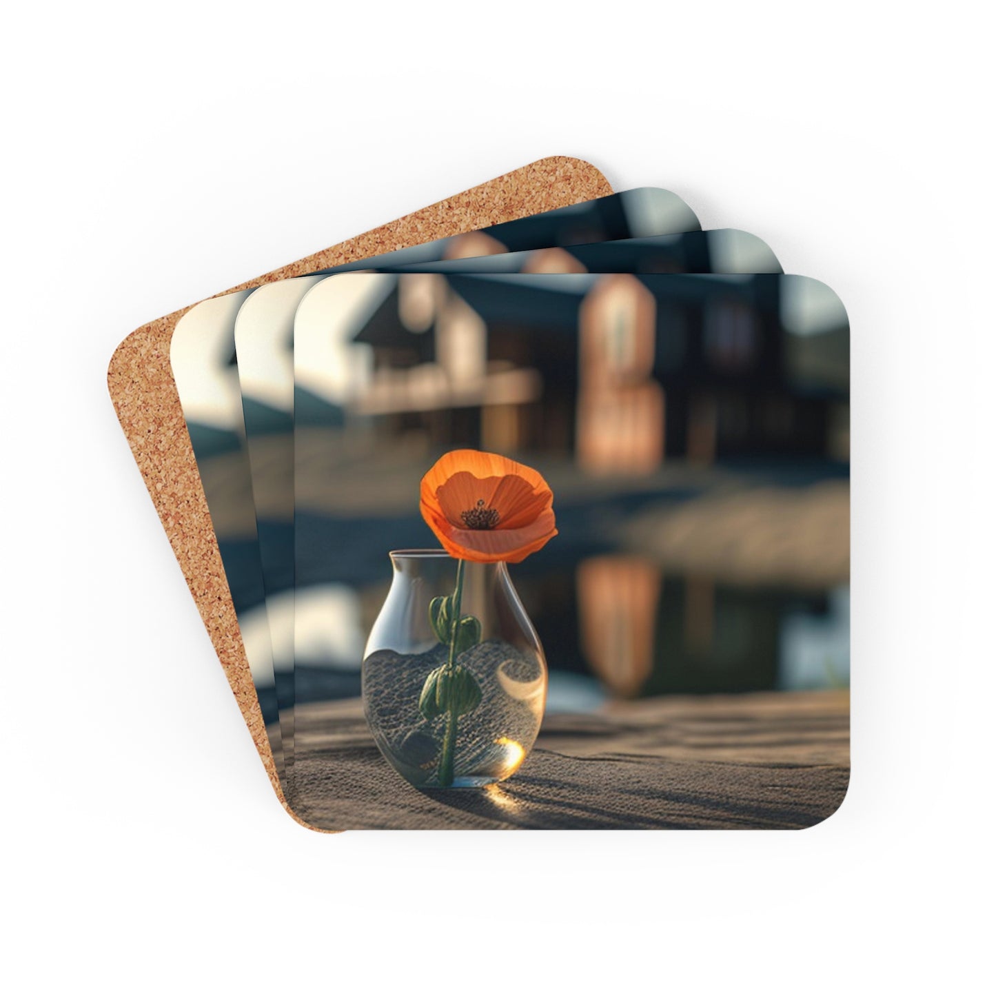 Corkwood Coaster Set Orange Poppy in a Vase 4