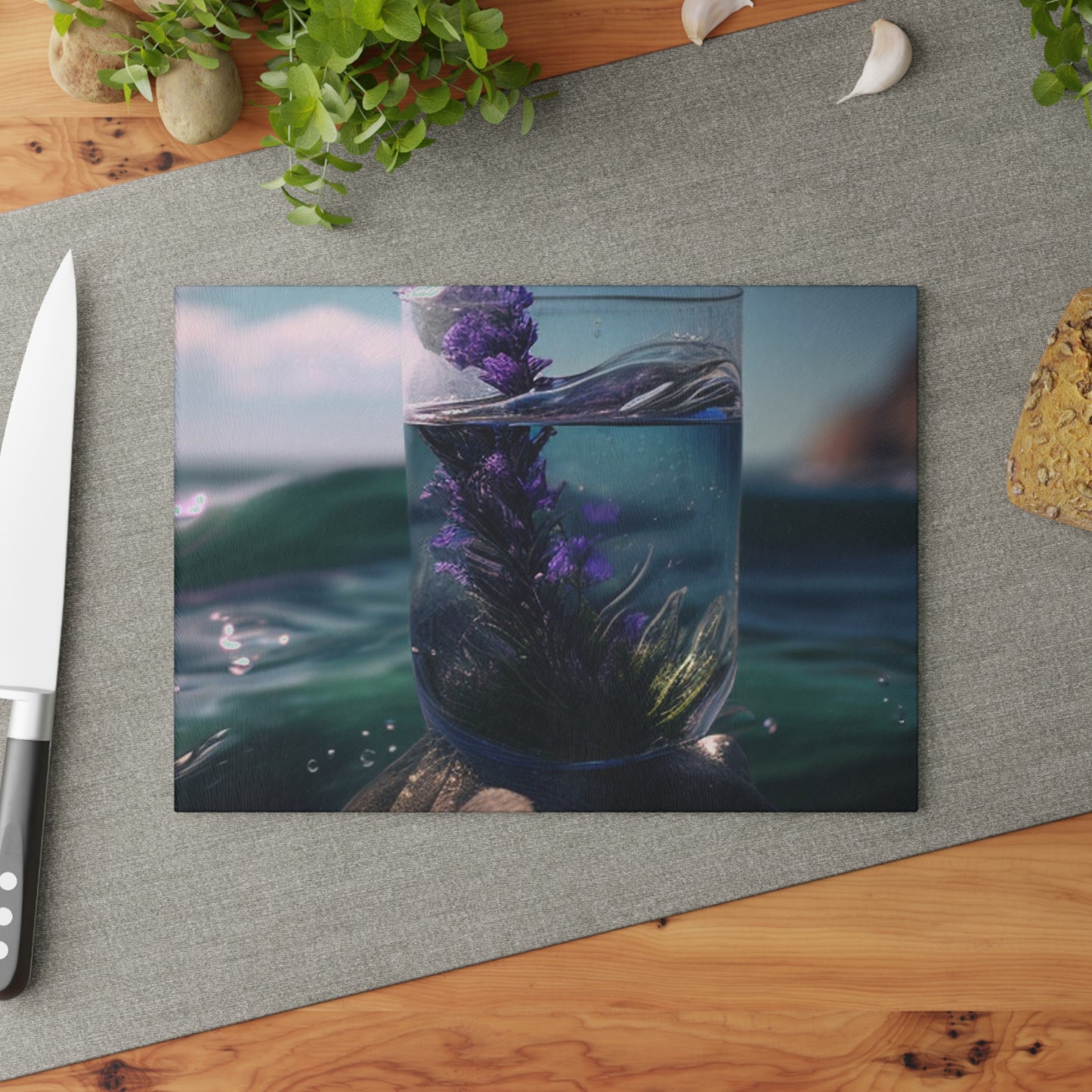 Glass Cutting Board Lavender in a vase 2