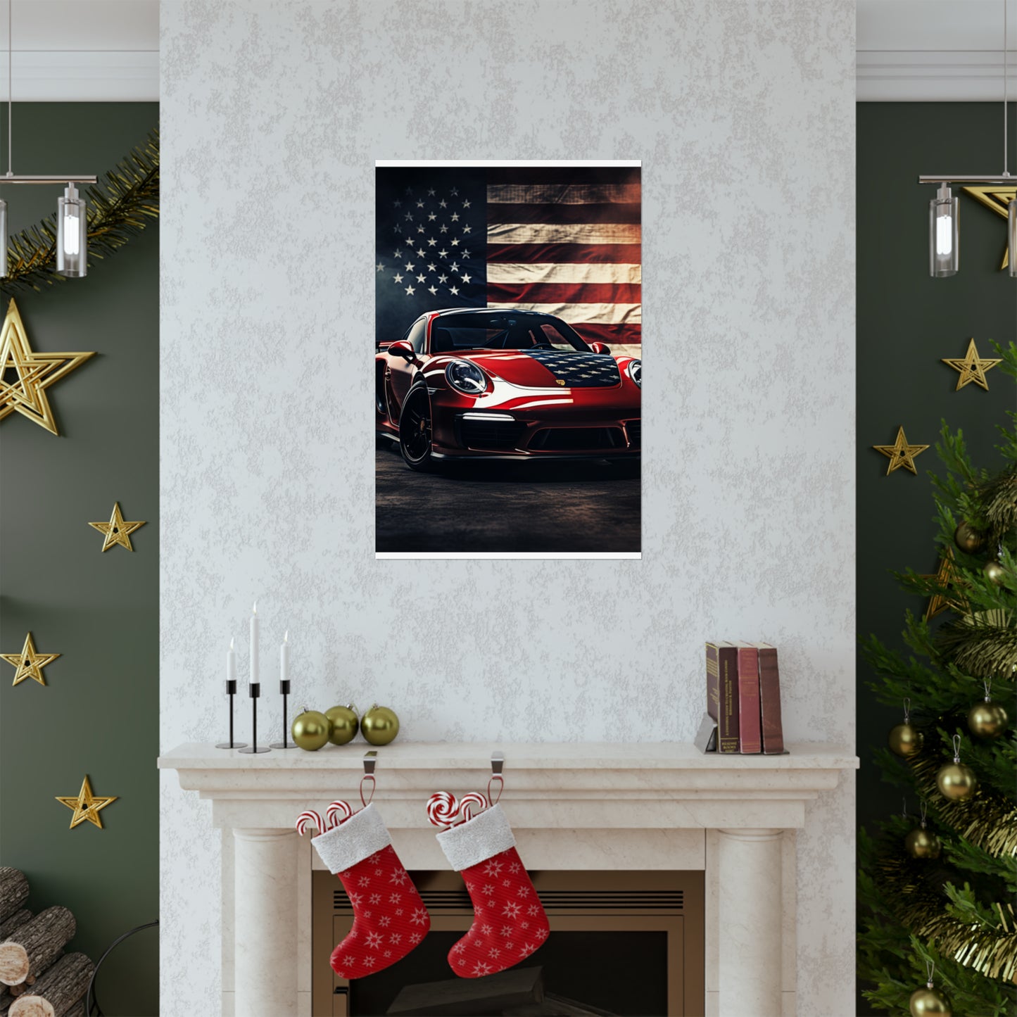 Premium Matte Vertical Posters American Flag Background Porsche 2