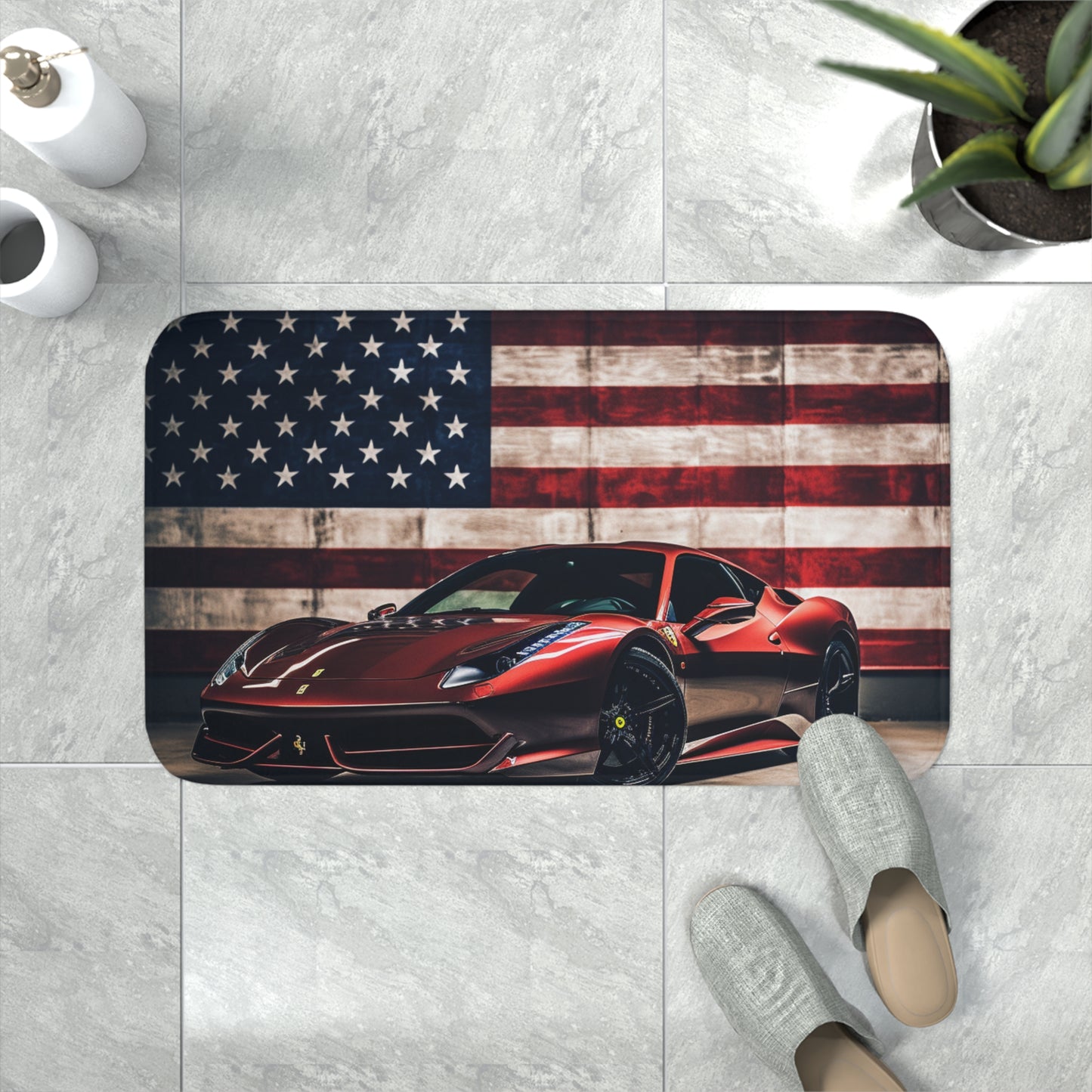 Memory Foam Bath Mat American Flag Background Ferrari 4