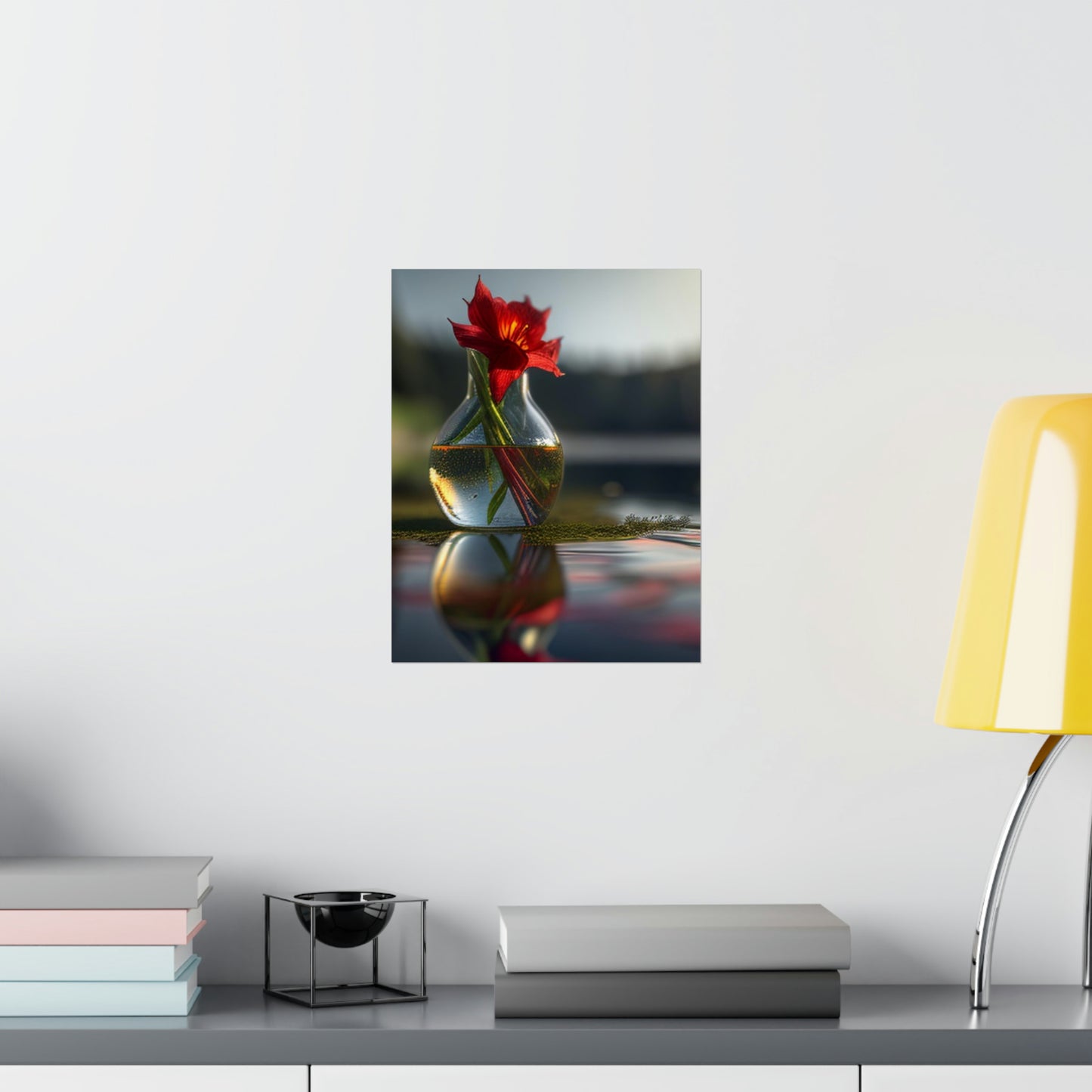 Premium Matte Vertical Posters Red Lily in a Glass vase 3