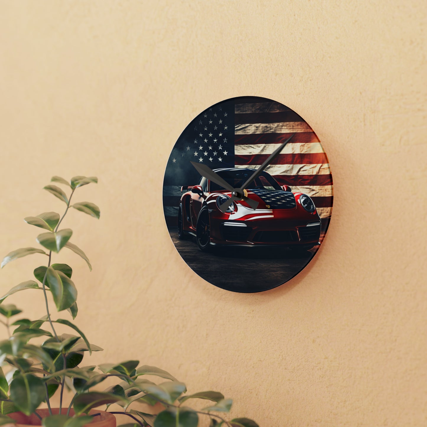 Acrylic Wall Clock American Flag Background Porsche 2