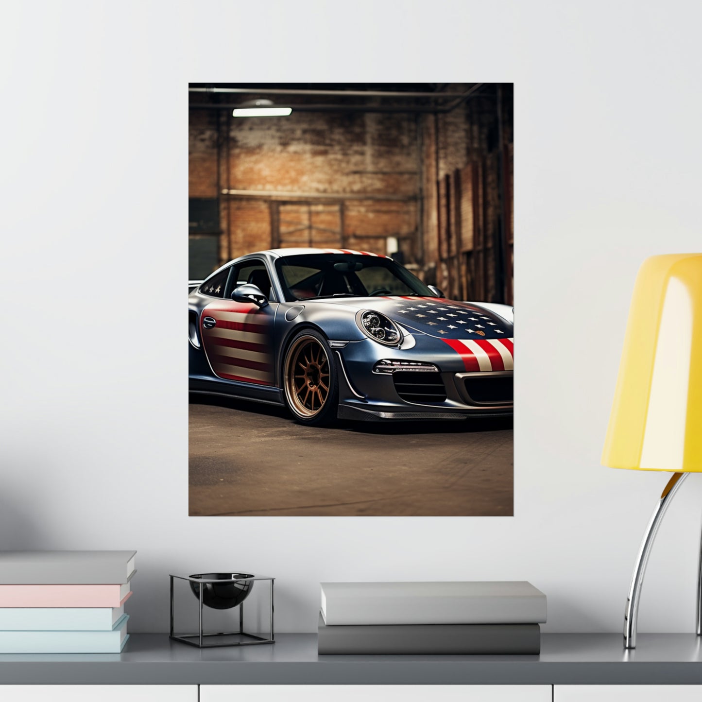 Premium Matte Vertical Posters American Flag Porsche 1