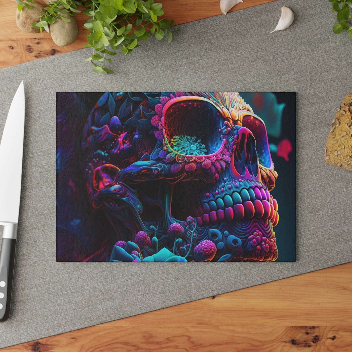 Glass Cutting Board Florescent Skull Death 3