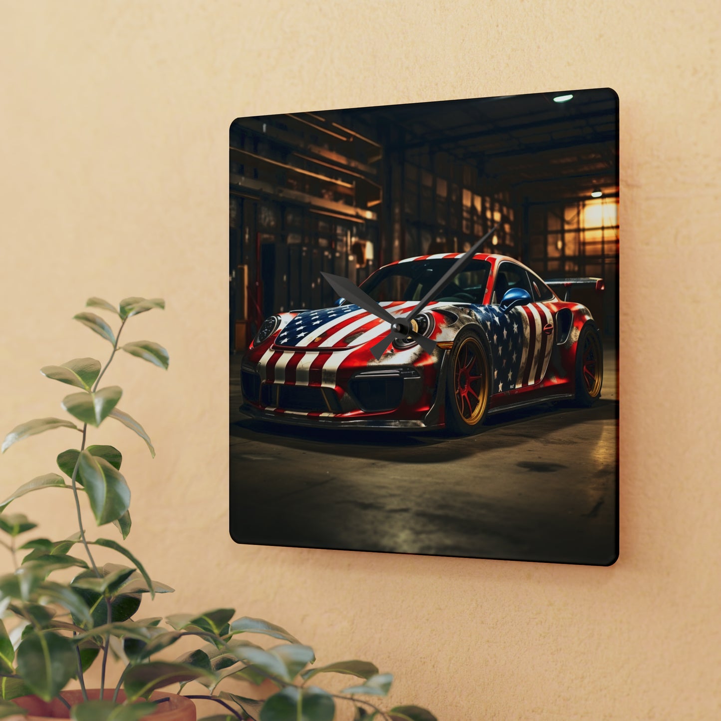 Acrylic Wall Clock American Flag Porsche 4