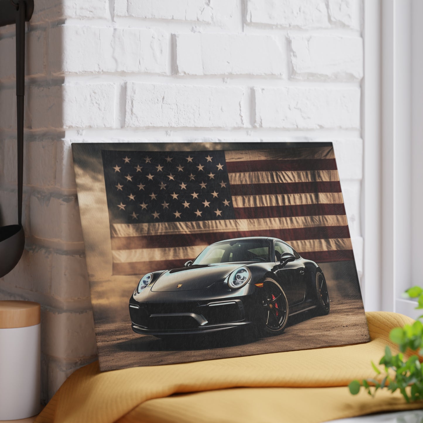 Glass Cutting Board American Flag Background Porsche 4