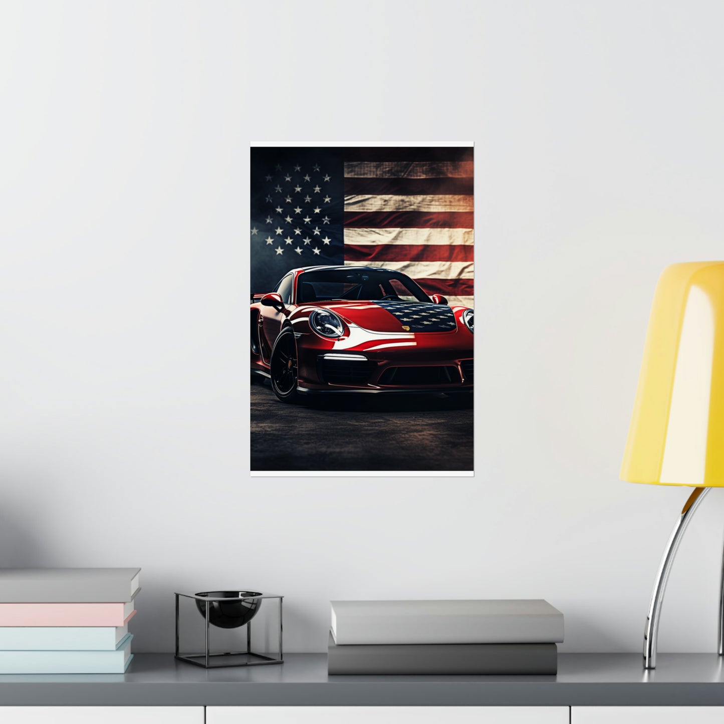 Premium Matte Vertical Posters American Flag Background Porsche 2