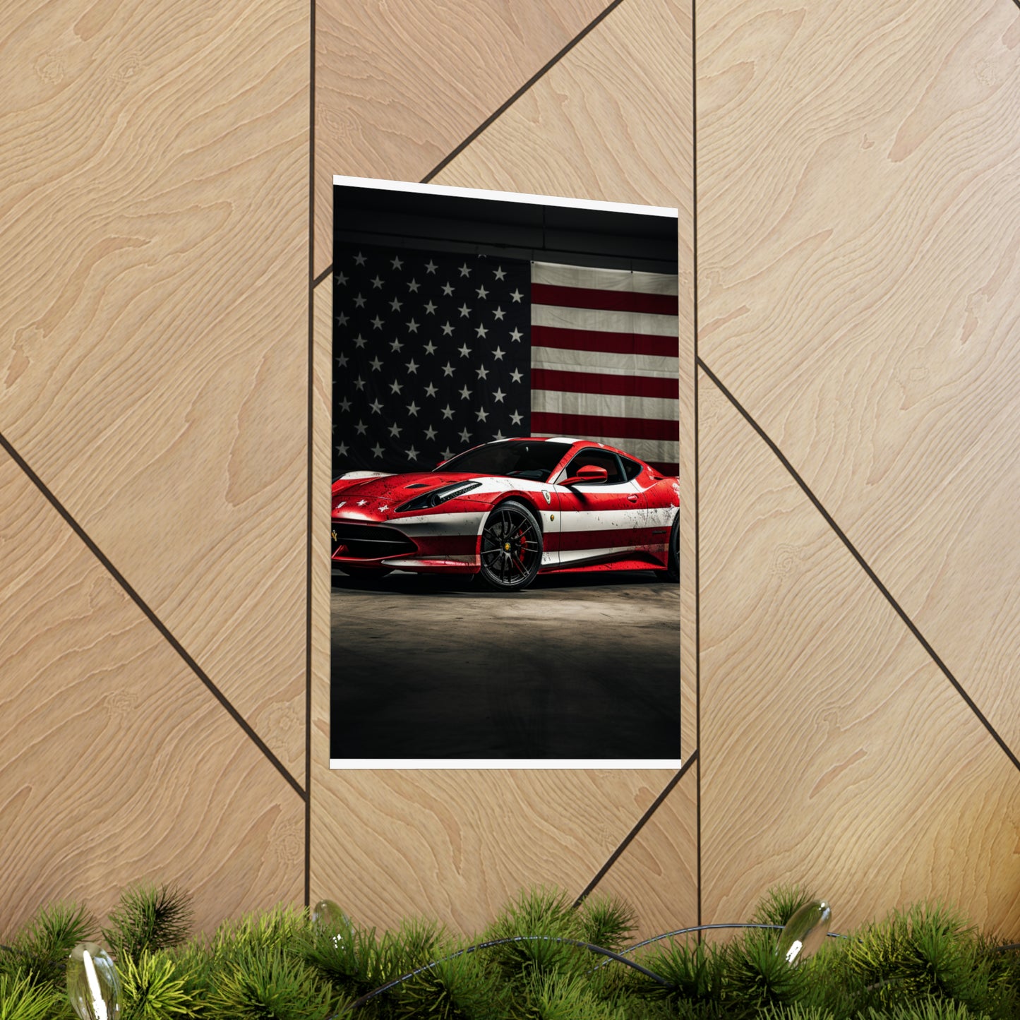 Premium Matte Vertical Posters American Flag Background Ferrari 1