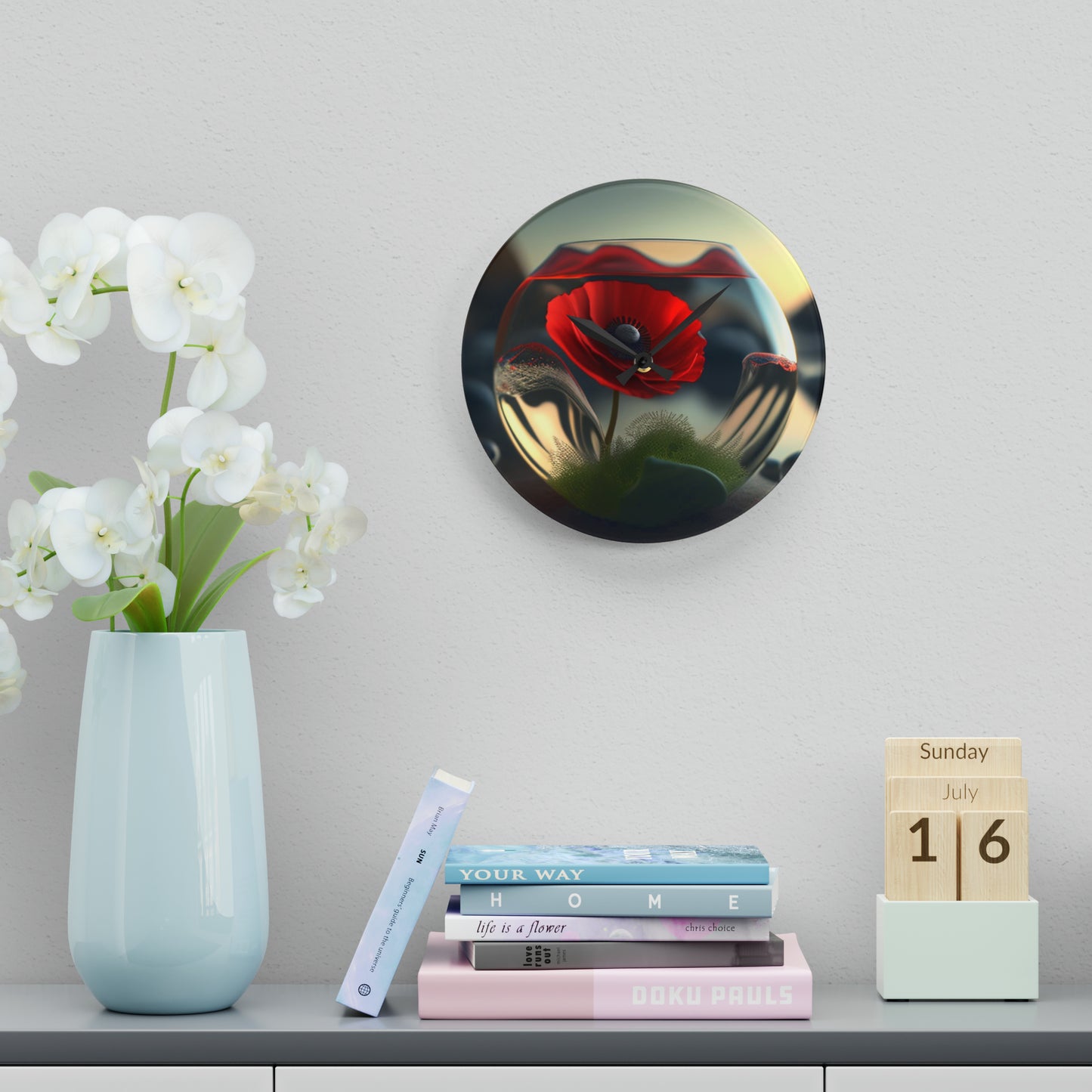 Acrylic Wall Clock Red Anemone in a Vase 3