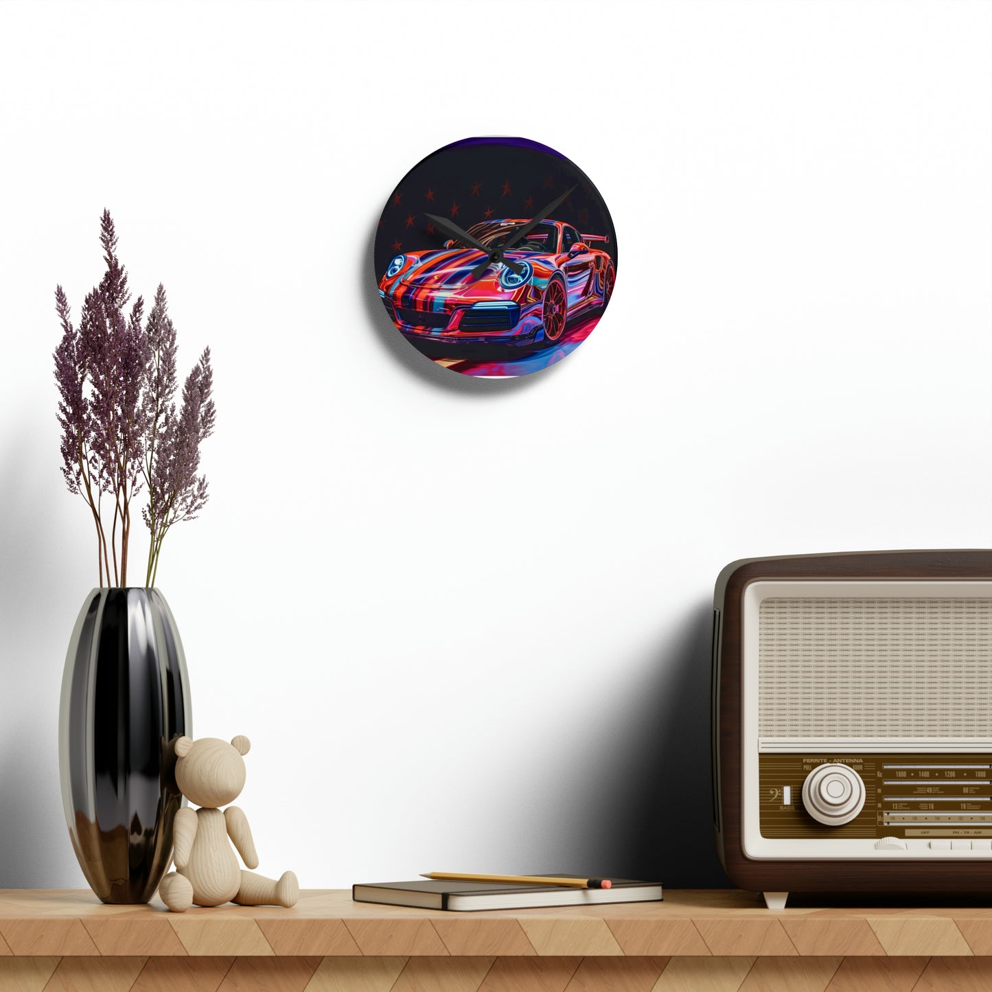 Acrylic Wall Clock American Flag Colored Porsche 1