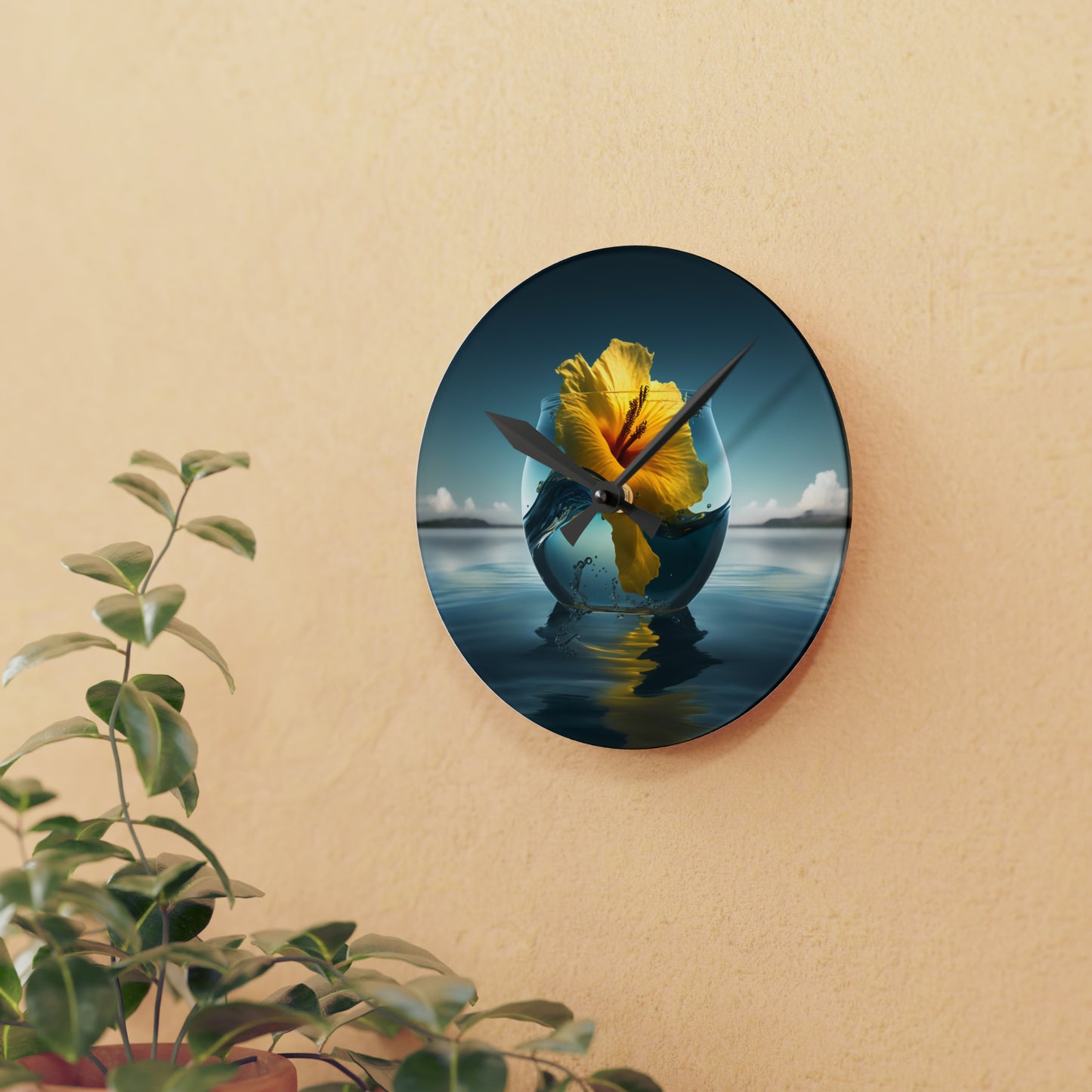 Acrylic Wall Clock Yellow Hibiscus glass 4