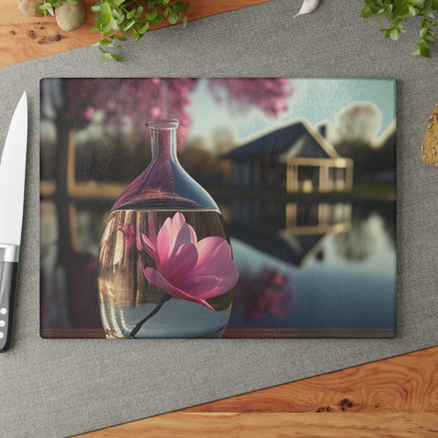 Glass Cutting Board Magnolia in a Glass vase 2