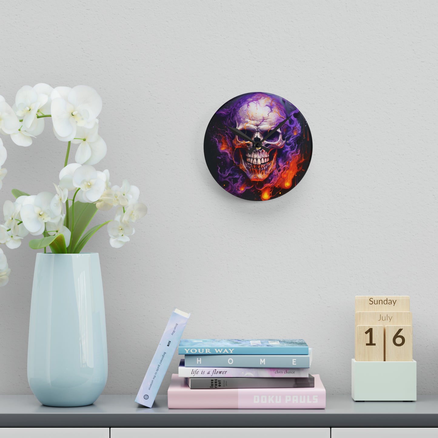 Acrylic Wall Clock Skull Flames 2