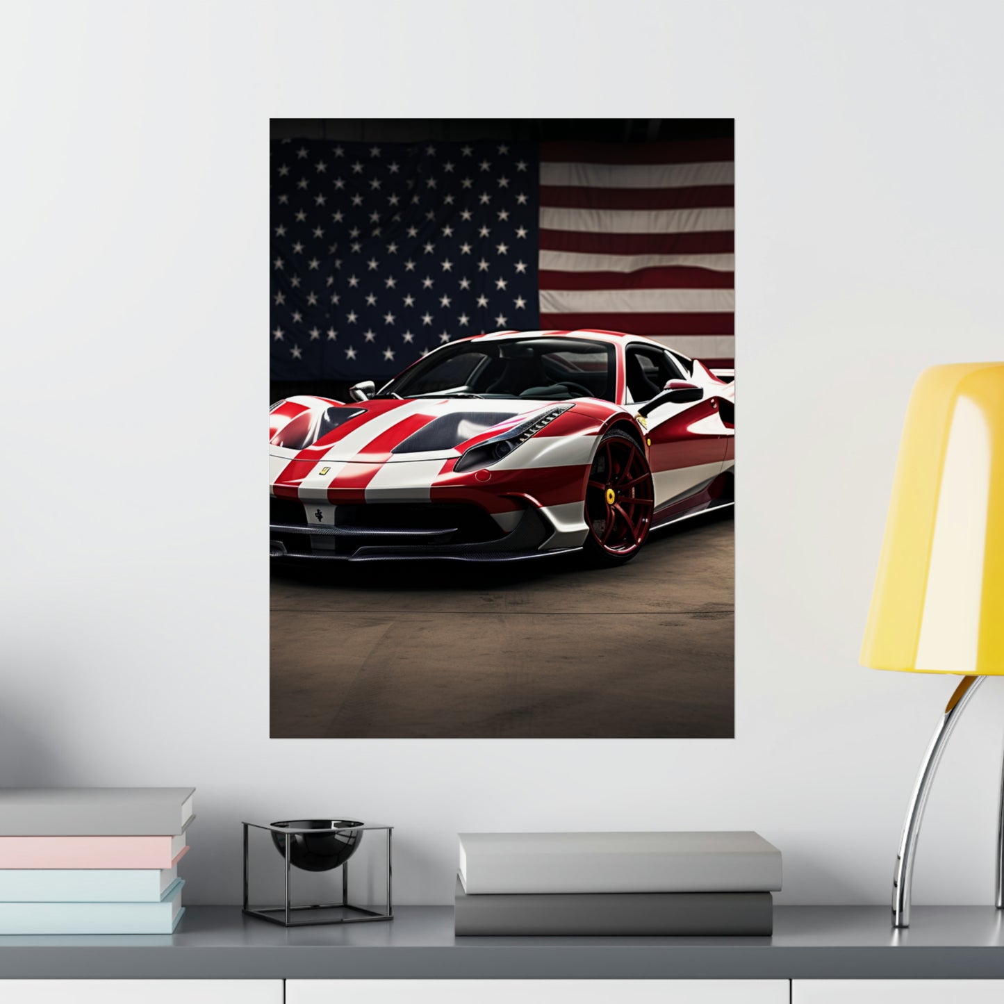 Premium Matte Vertical Posters American Flag Background Ferrari 2