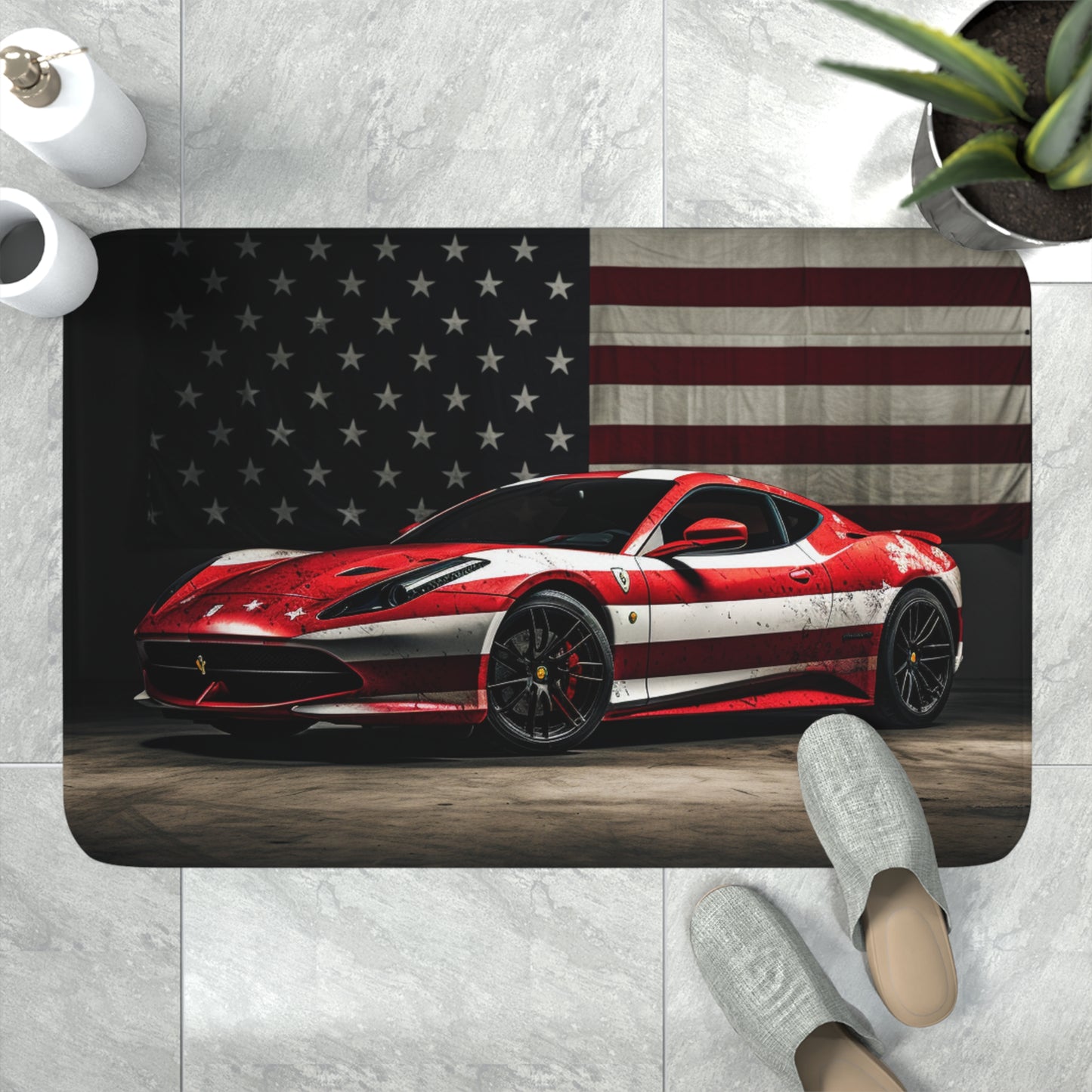 Memory Foam Bath Mat American Flag Background Ferrari 1