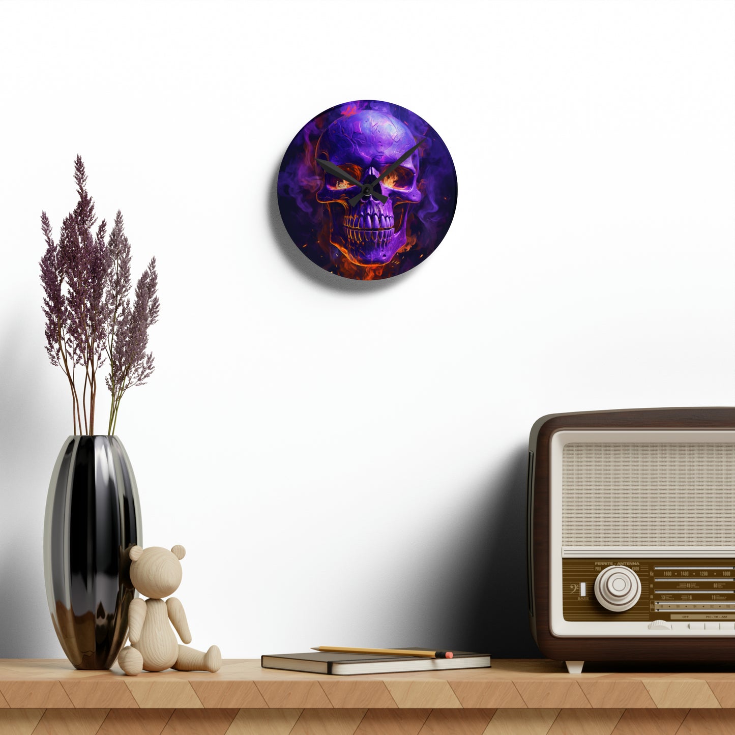 Acrylic Wall Clock Skull Flames 1