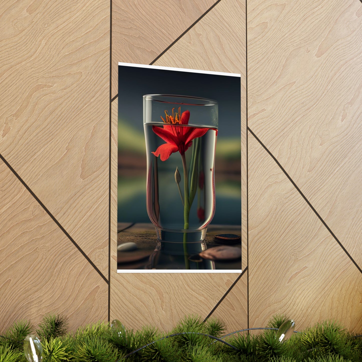 Premium Matte Vertical Posters Red Lily in a Glass vase 1