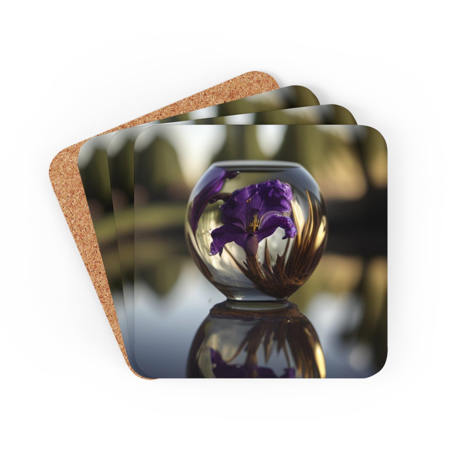 Corkwood Coaster Set Purple Iris in a vase 2