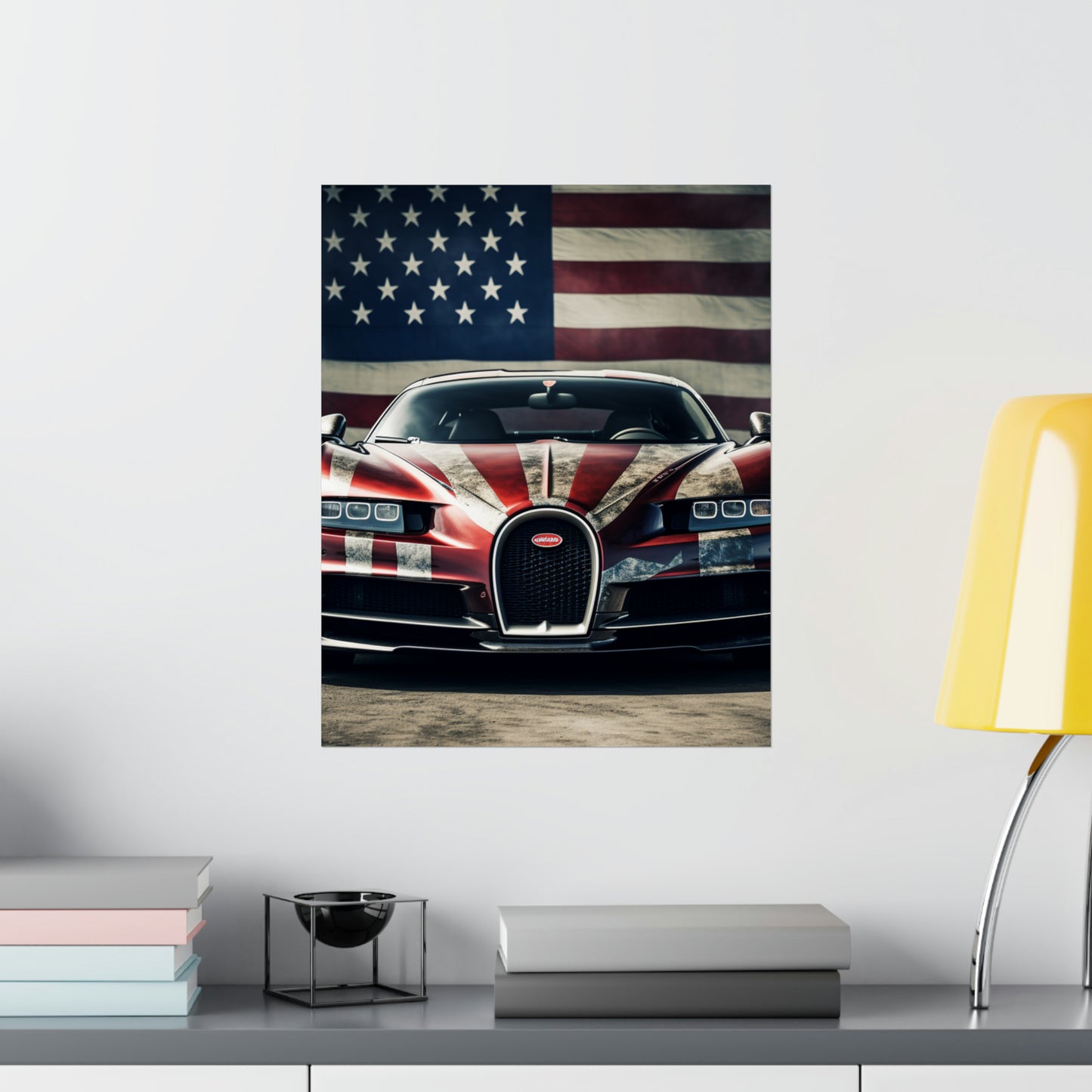 Premium Matte Vertical Posters American Flag Background Bugatti 3