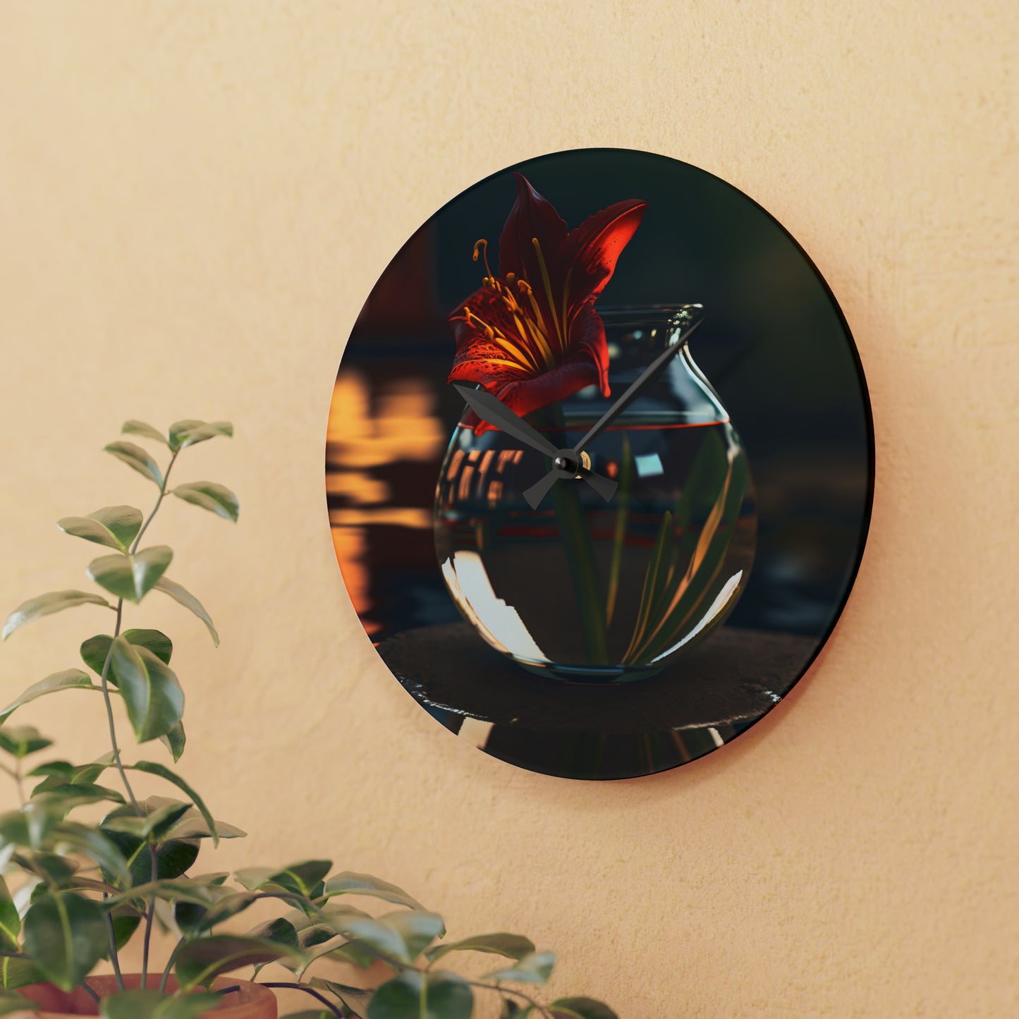 Acrylic Wall Clock Red Lily in a Glass vase 2