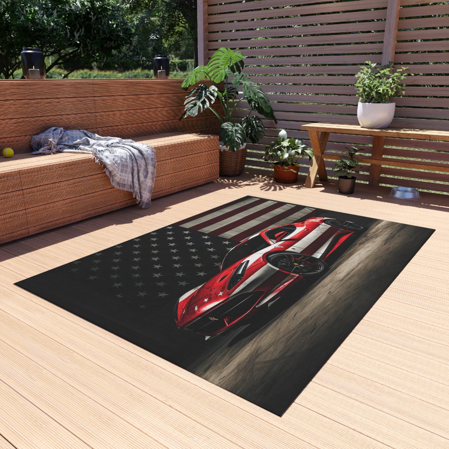 Outdoor Rug  American Flag Background Ferrari 1