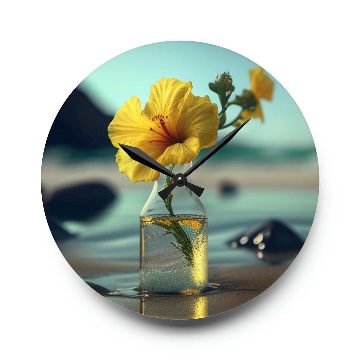 Acrylic Wall Clock Yellow Hibiscus glass 3