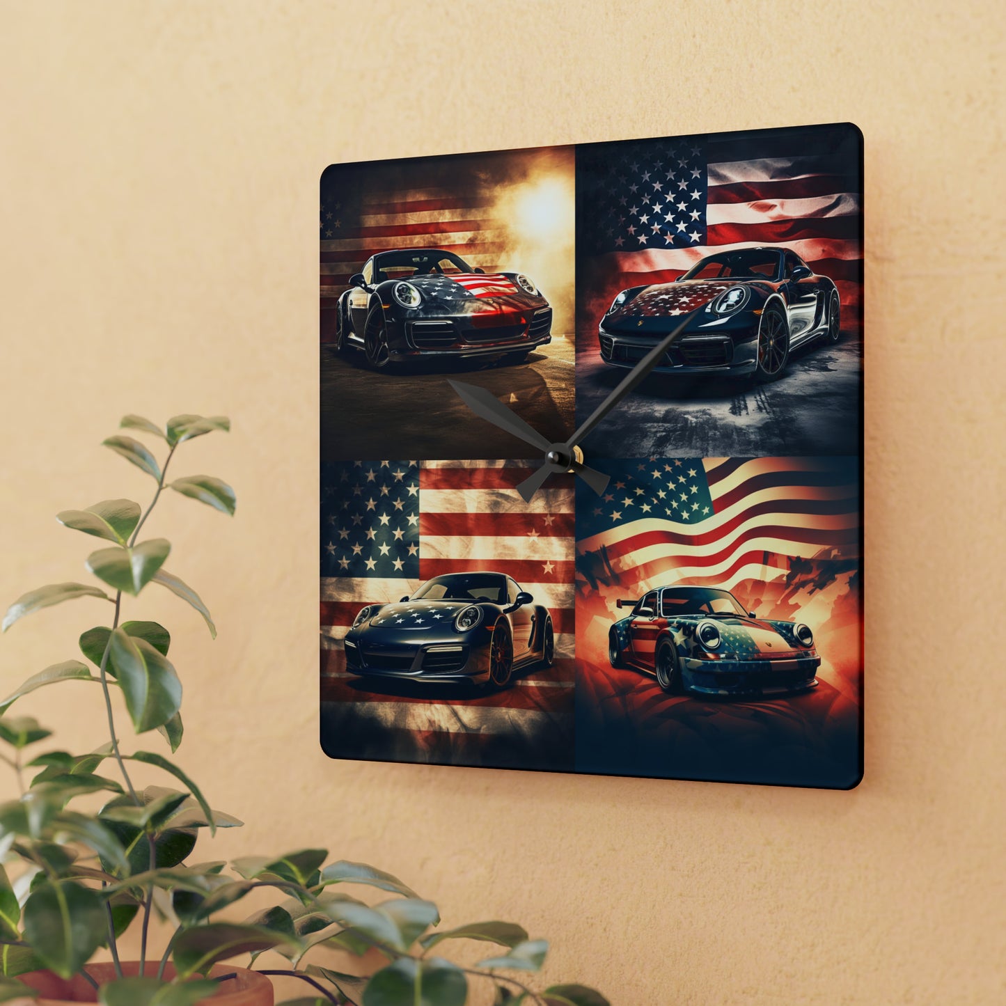 Acrylic Wall Clock Abstract American Flag Background Porsche 5