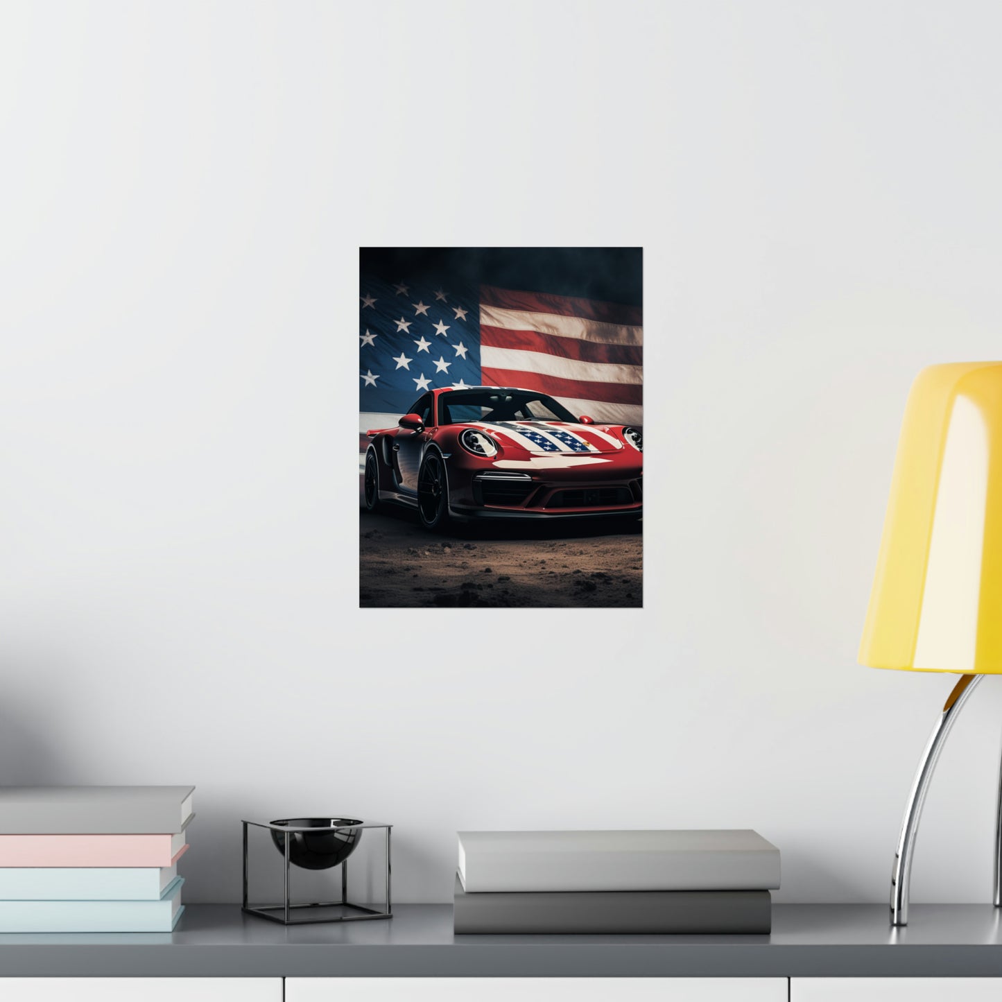 Premium Matte Vertical Posters American Flag Background Porsche 3