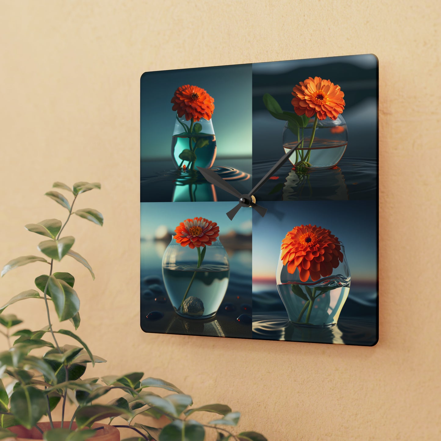 Acrylic Wall Clock Orange Zinnia 5