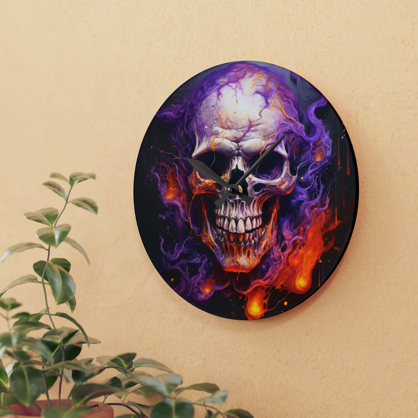 Acrylic Wall Clock Skull Flames 2