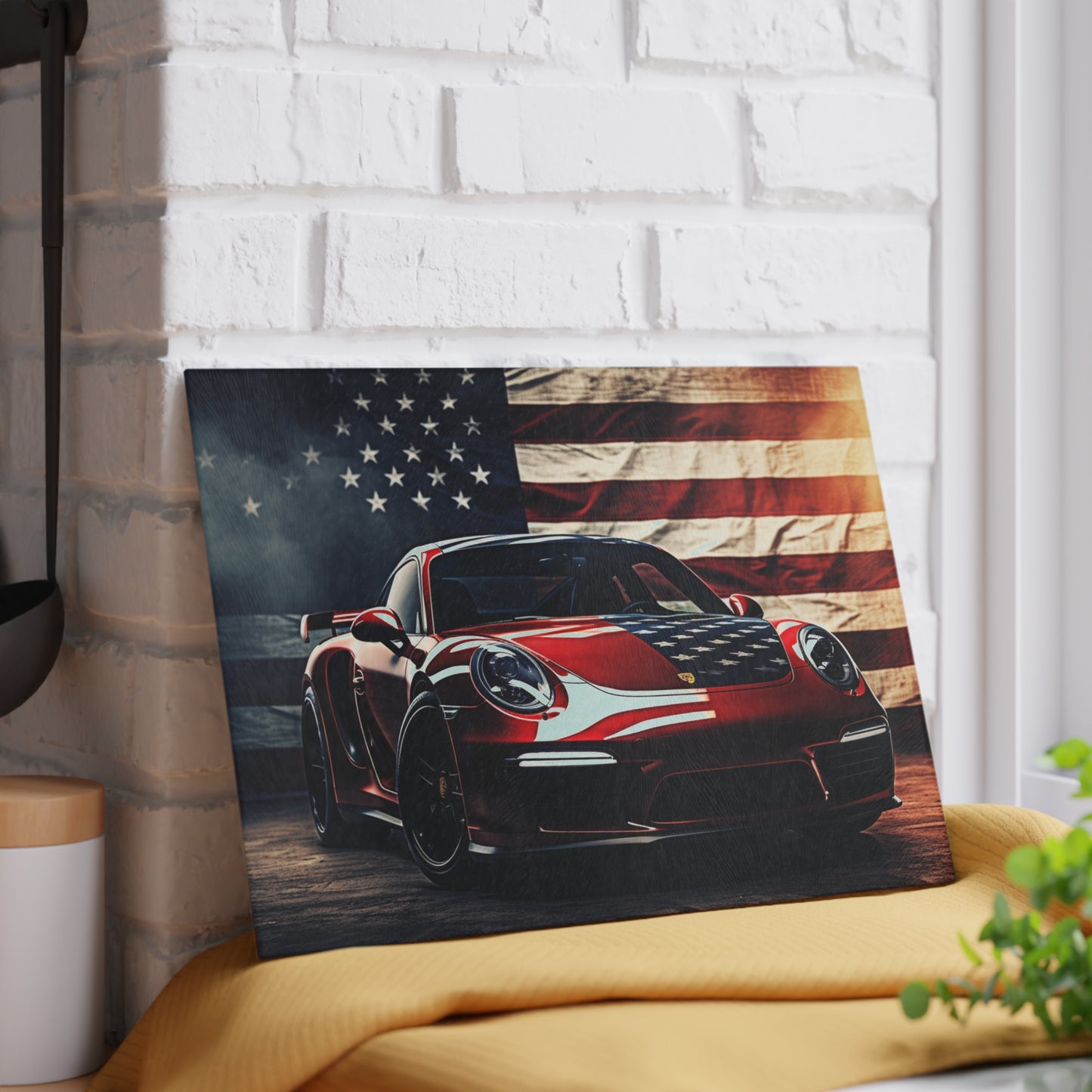 Glass Cutting Board American Flag Background Porsche 2