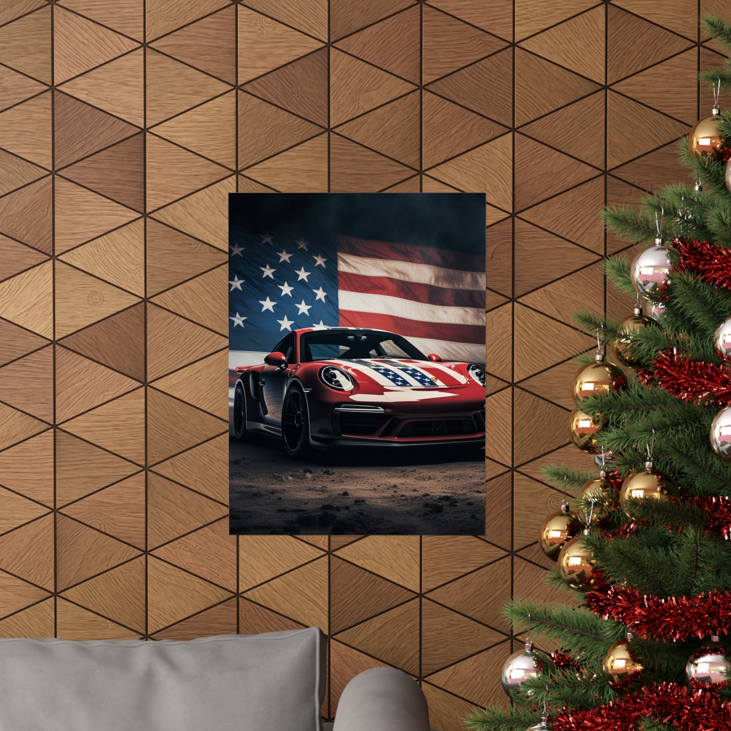 Premium Matte Vertical Posters American Flag Background Porsche 3