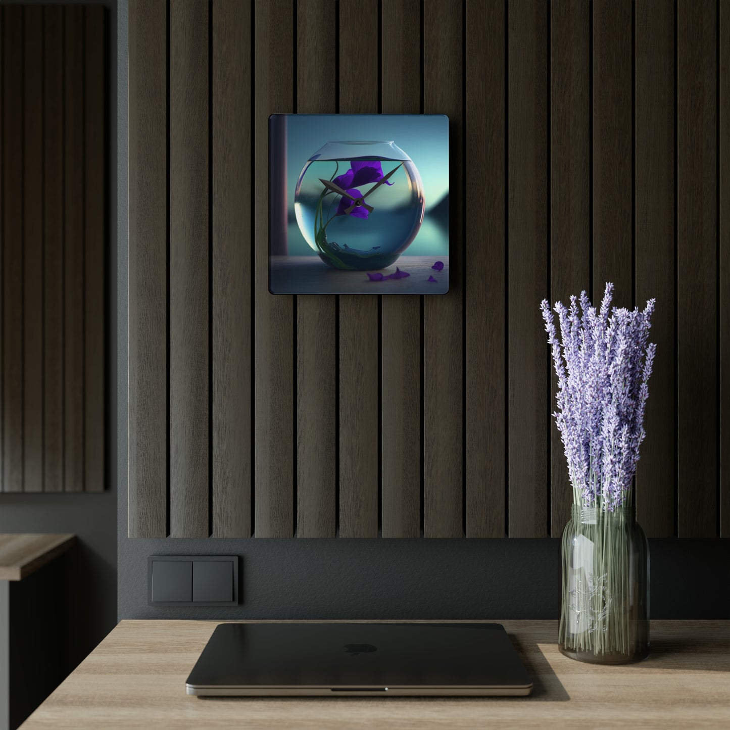 Acrylic Wall Clock Purple Sweet pea in a vase 2