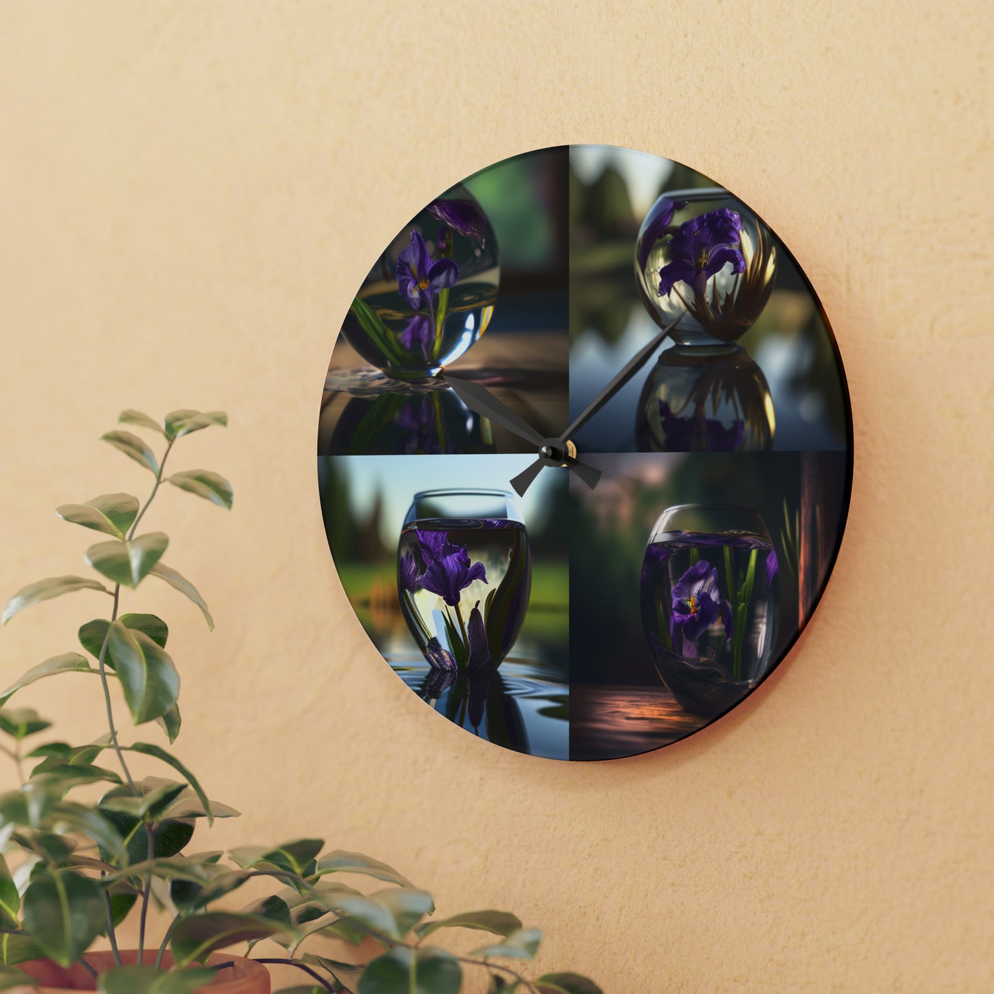 Acrylic Wall Clock Purple Iris in a vase 5