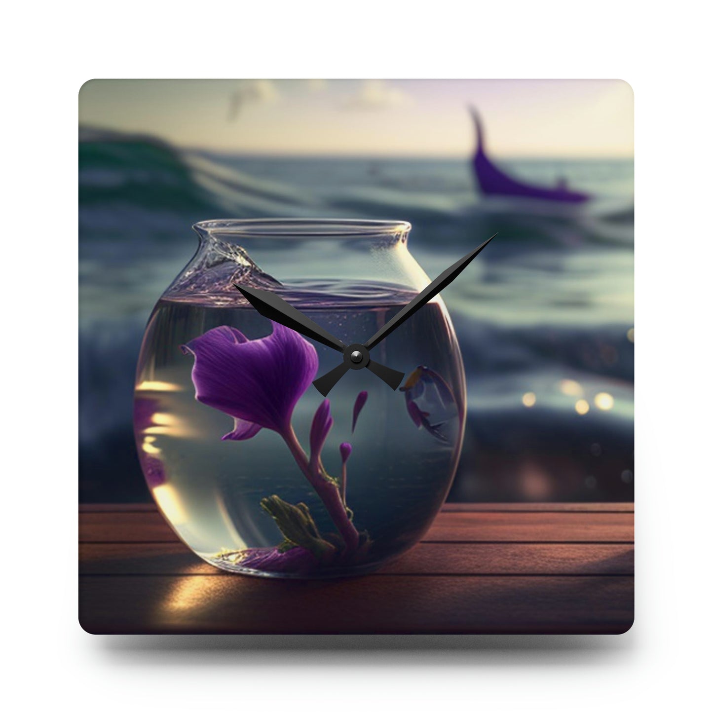 Acrylic Wall Clock Purple Sweet pea in a vase 1