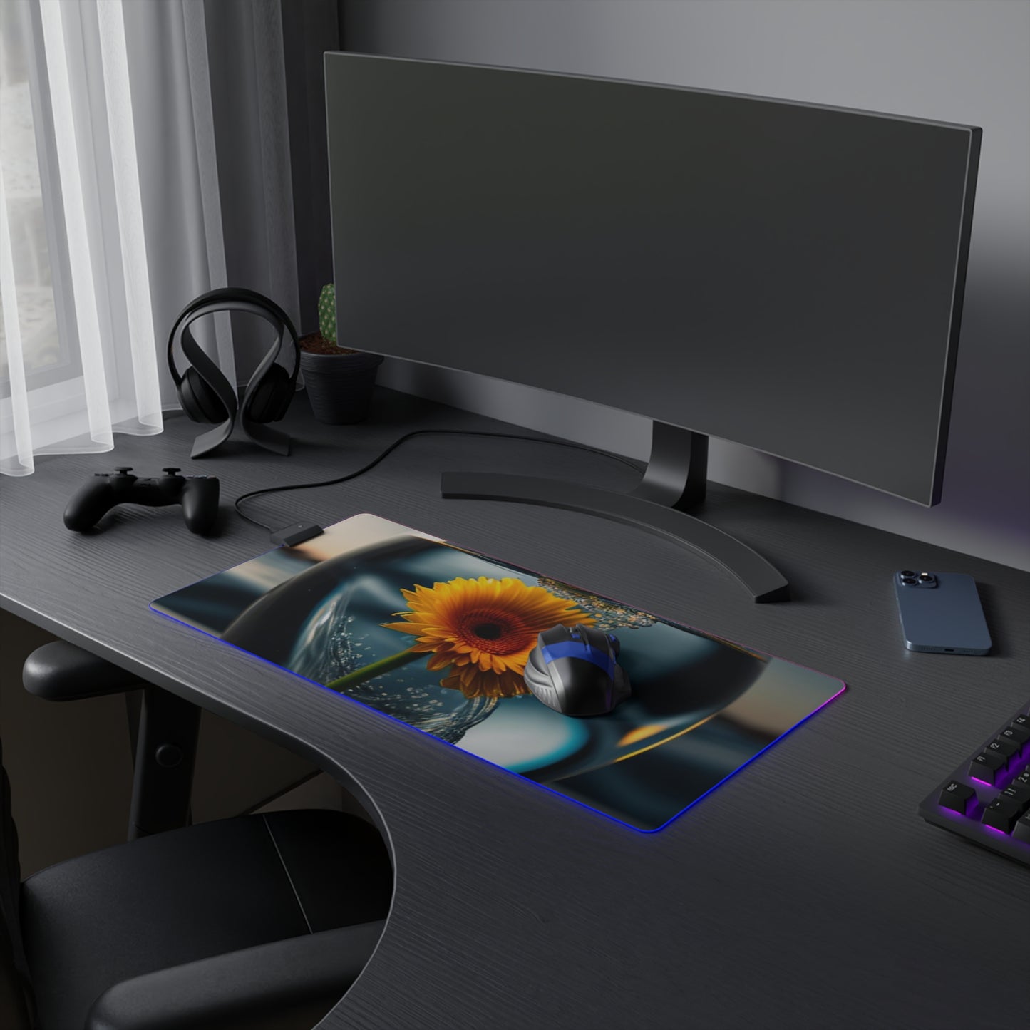 LED Gaming Mouse Pad yello Gerbera glass 3