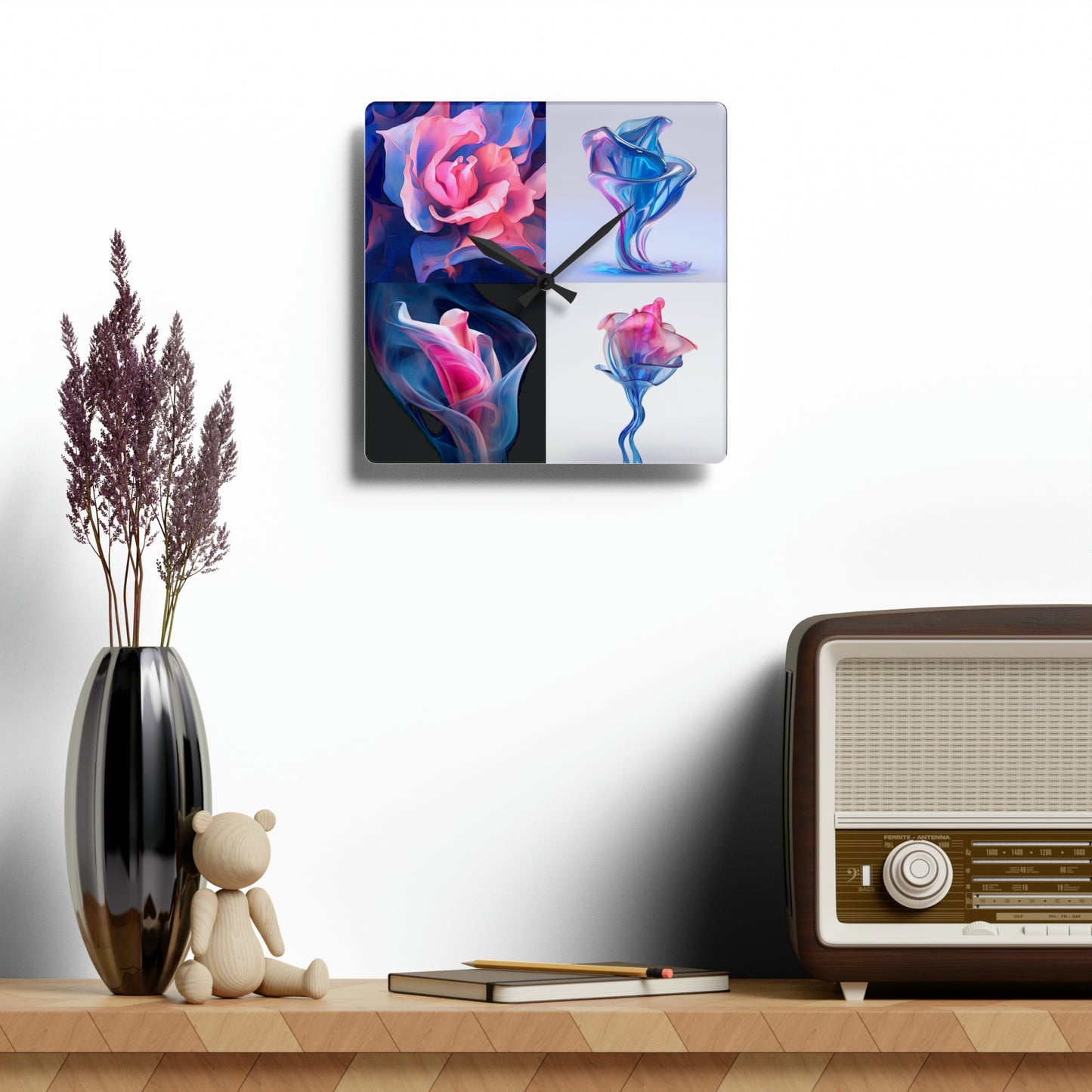 Acrylic Wall Clock Pink & Blue Tulip Rose 5