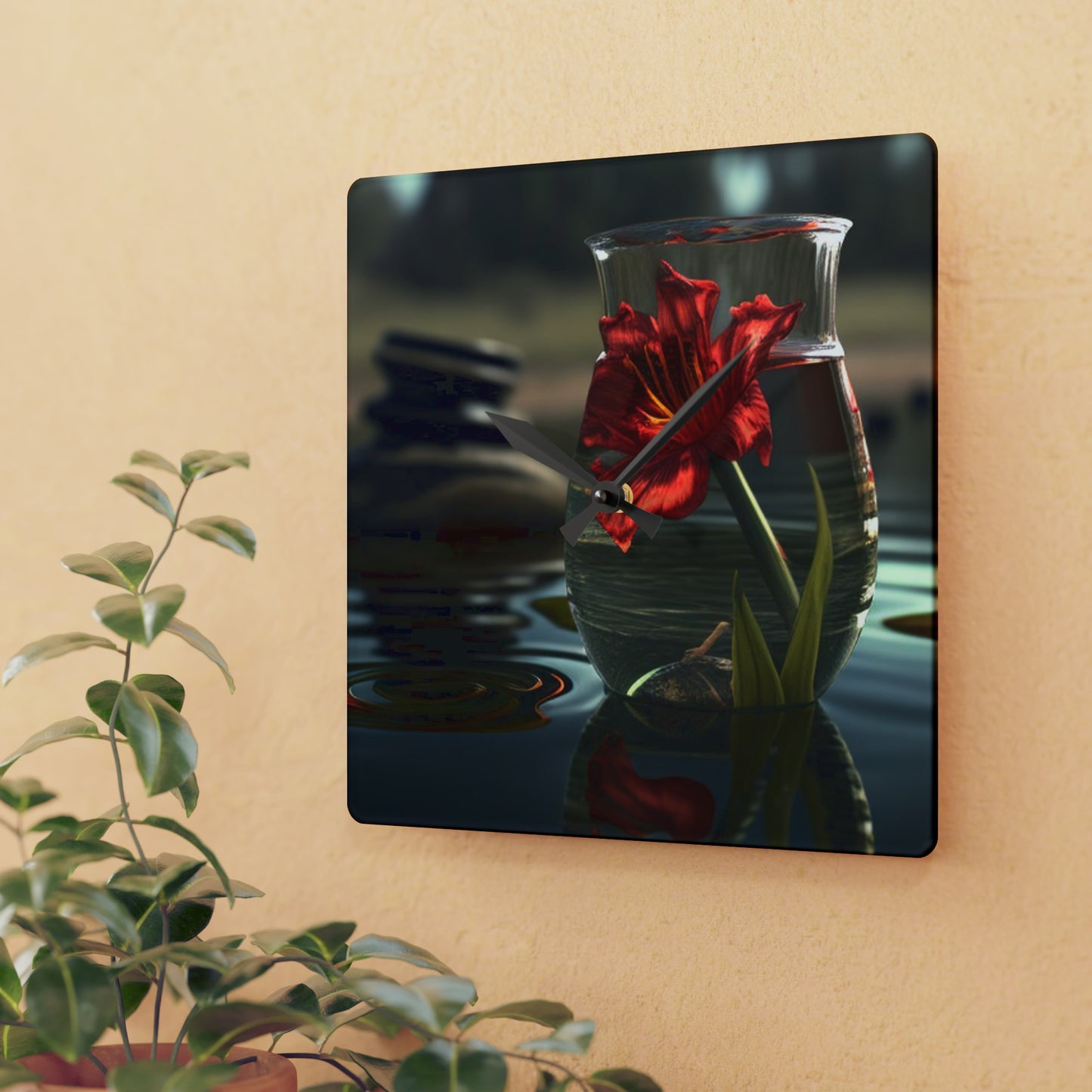 Acrylic Wall Clock Red Lily in a Glass vase 4