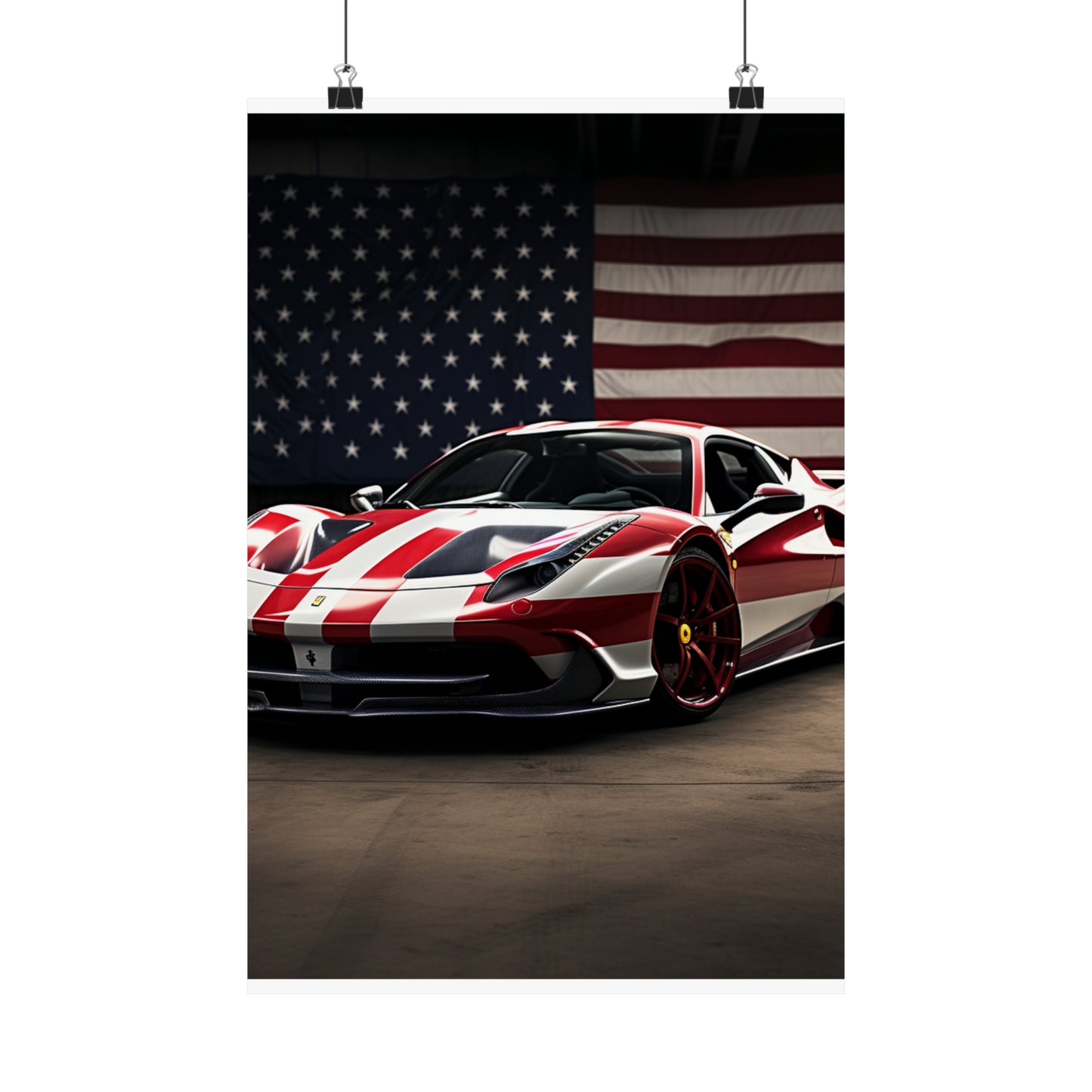 Premium Matte Vertical Posters American Flag Background Ferrari 2