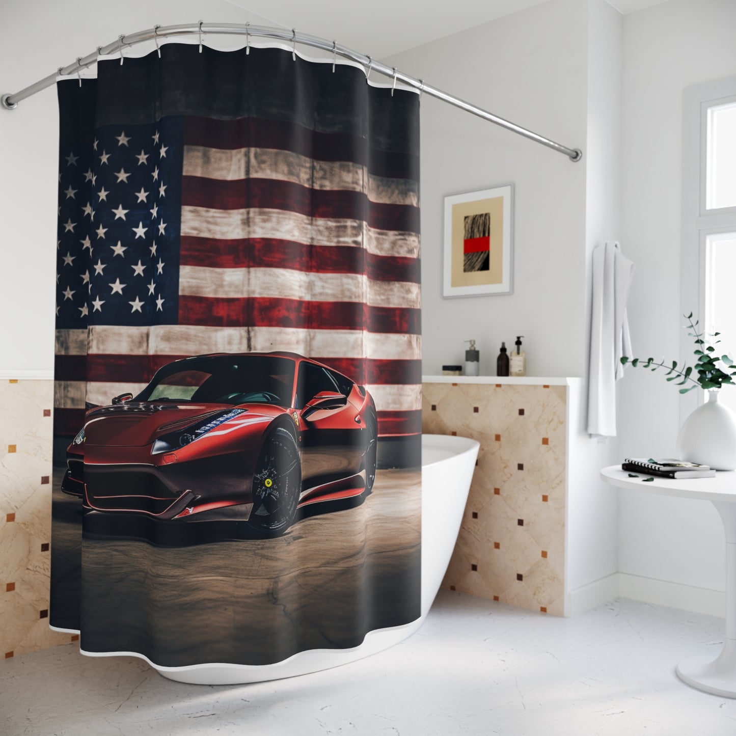 Polyester Shower Curtain American Flag Background Ferrari 4