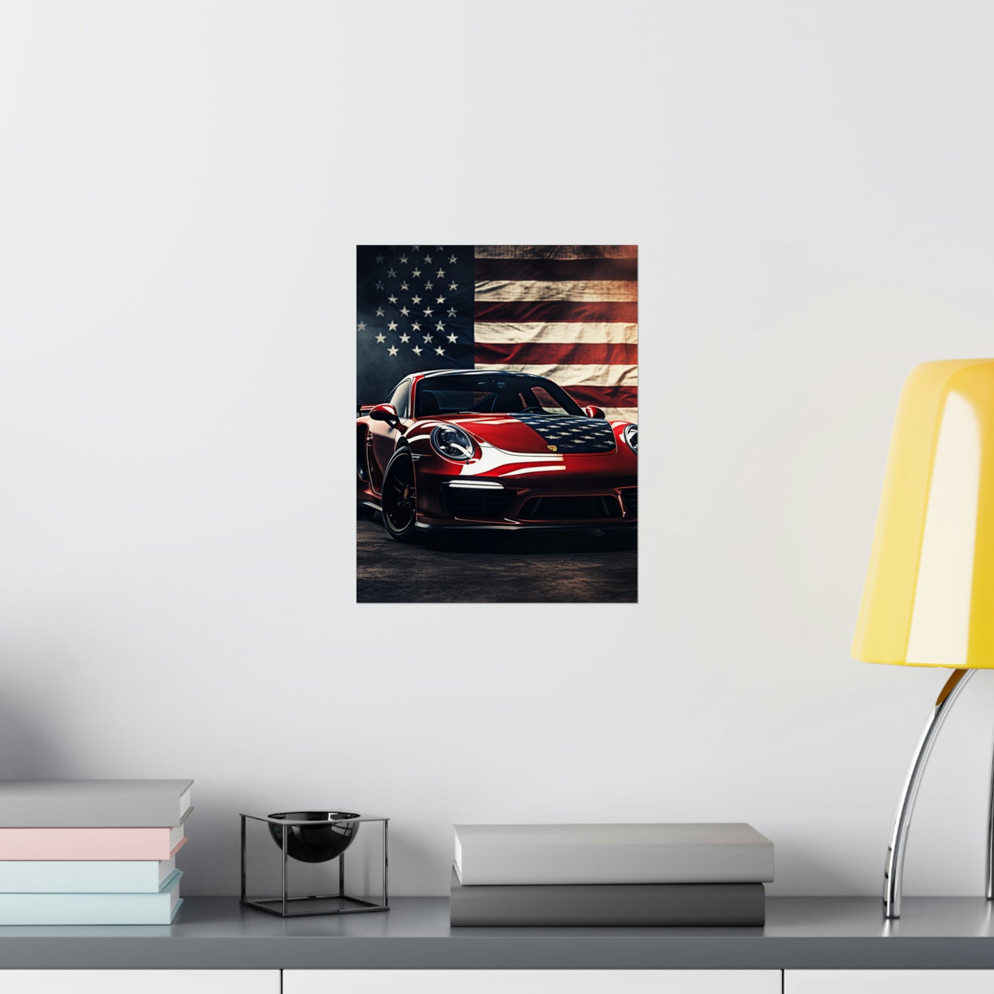 Premium Matte Vertical Posters American Flag Background Porsche 2