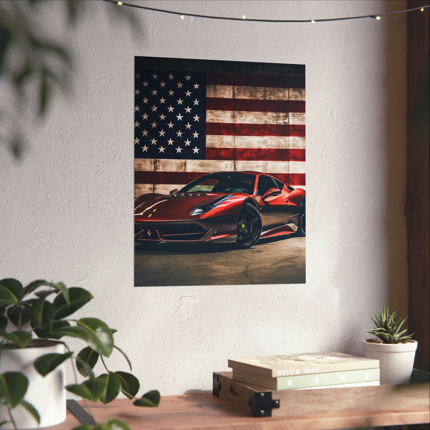 Premium Matte Vertical Posters American Flag Background Ferrari 4